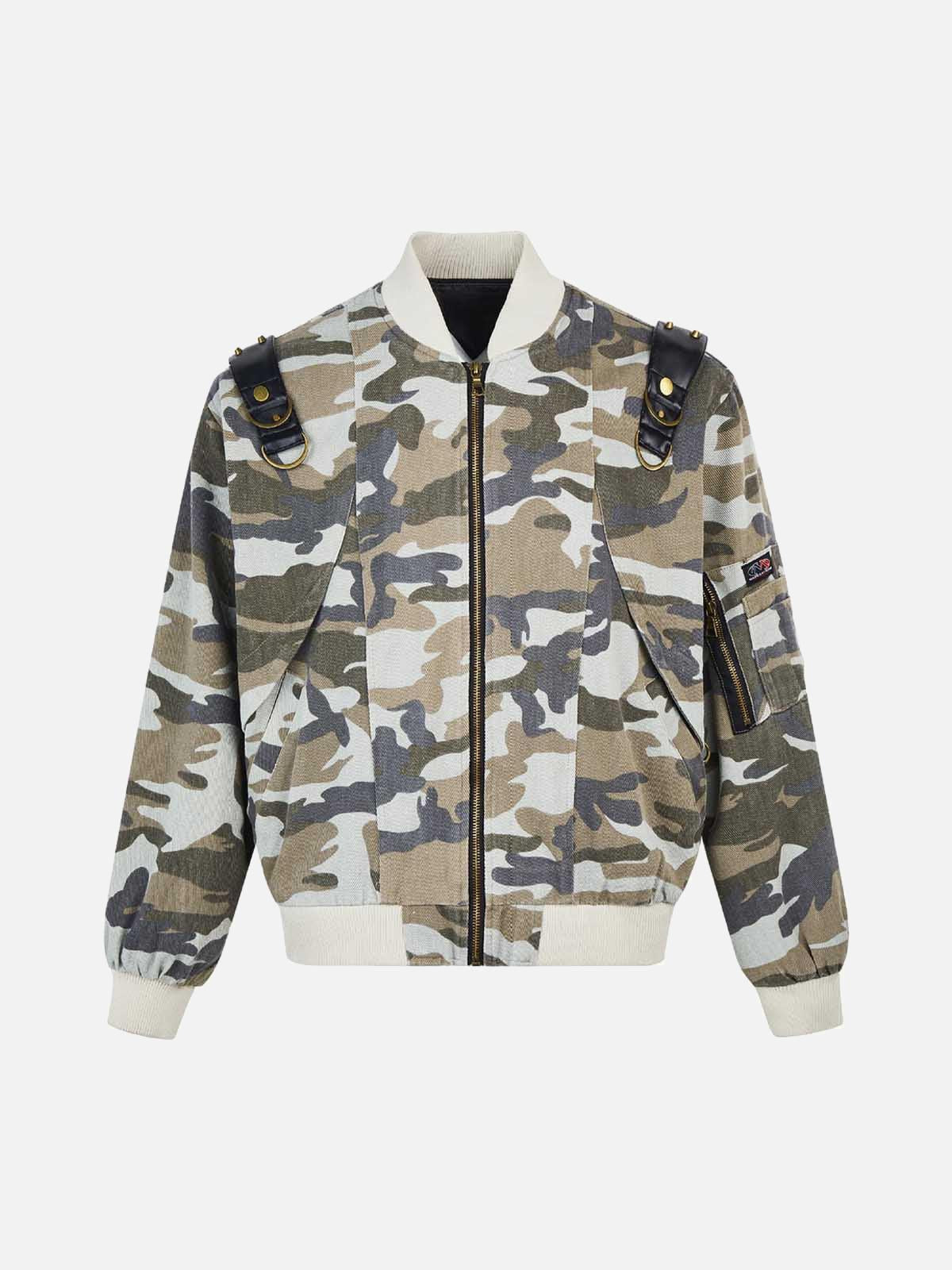 TALISHKO Camouflage Leather Shoulder Pad Denim Bomber Jacket