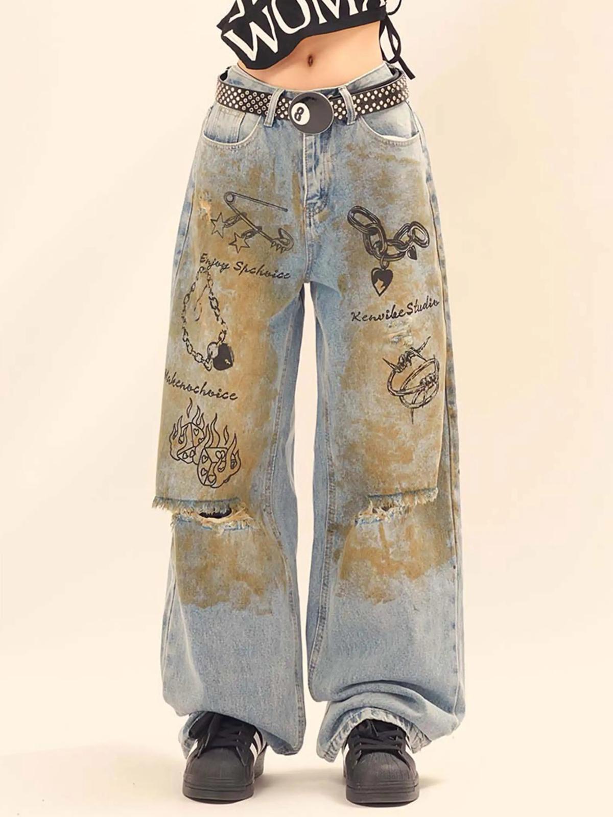 TALISHKO Vintage Ripped Graffiti Jeans