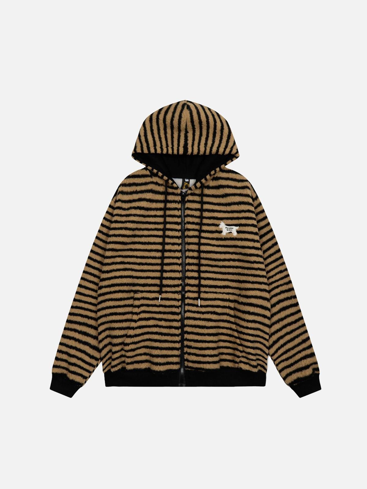 TALISHKO Puppy Patch Embroidered Striped Zip-Up Hoodie