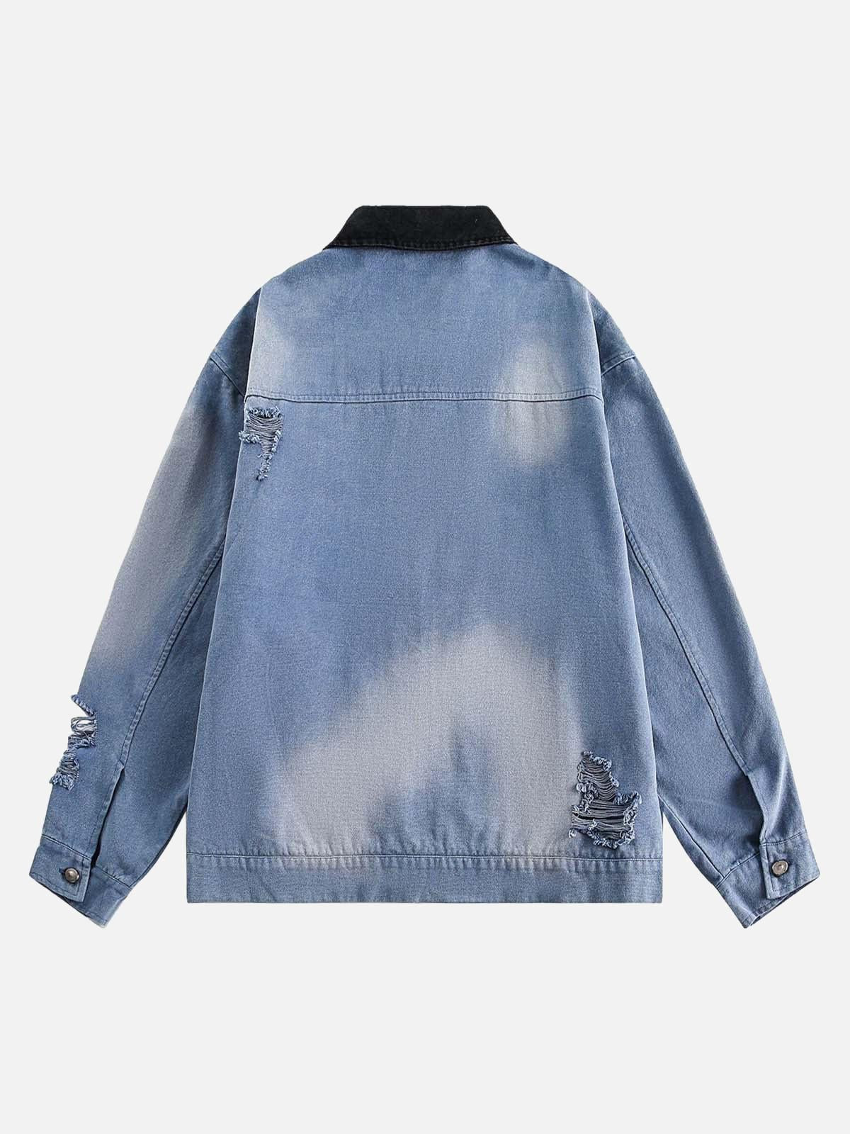 TALISHKO Ripped Graffiti Washed Zip Up Denim Jacket