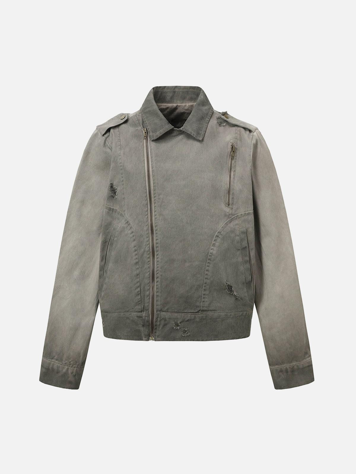 TALISHKO Distressed Irregular Zip Up Denim Jacket