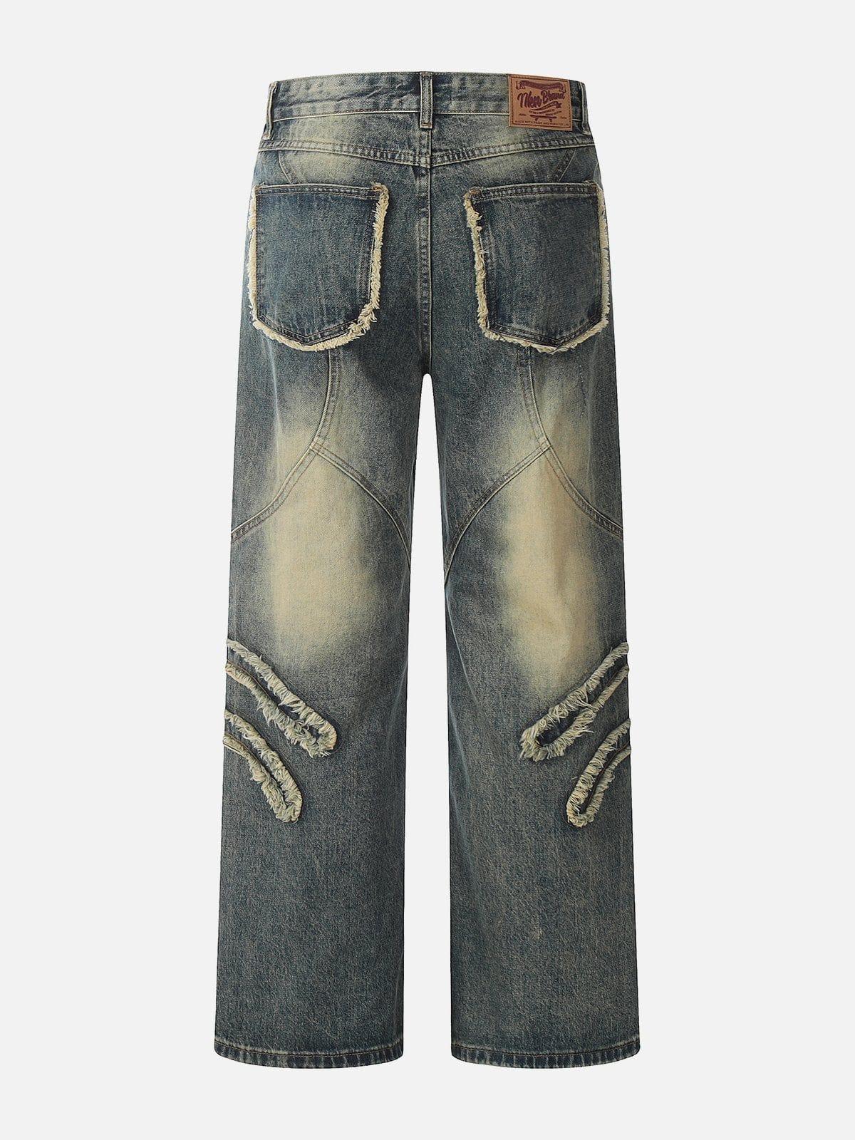 TALISHKO Abstract Pattern Raw Edge Patchwork Jeans
