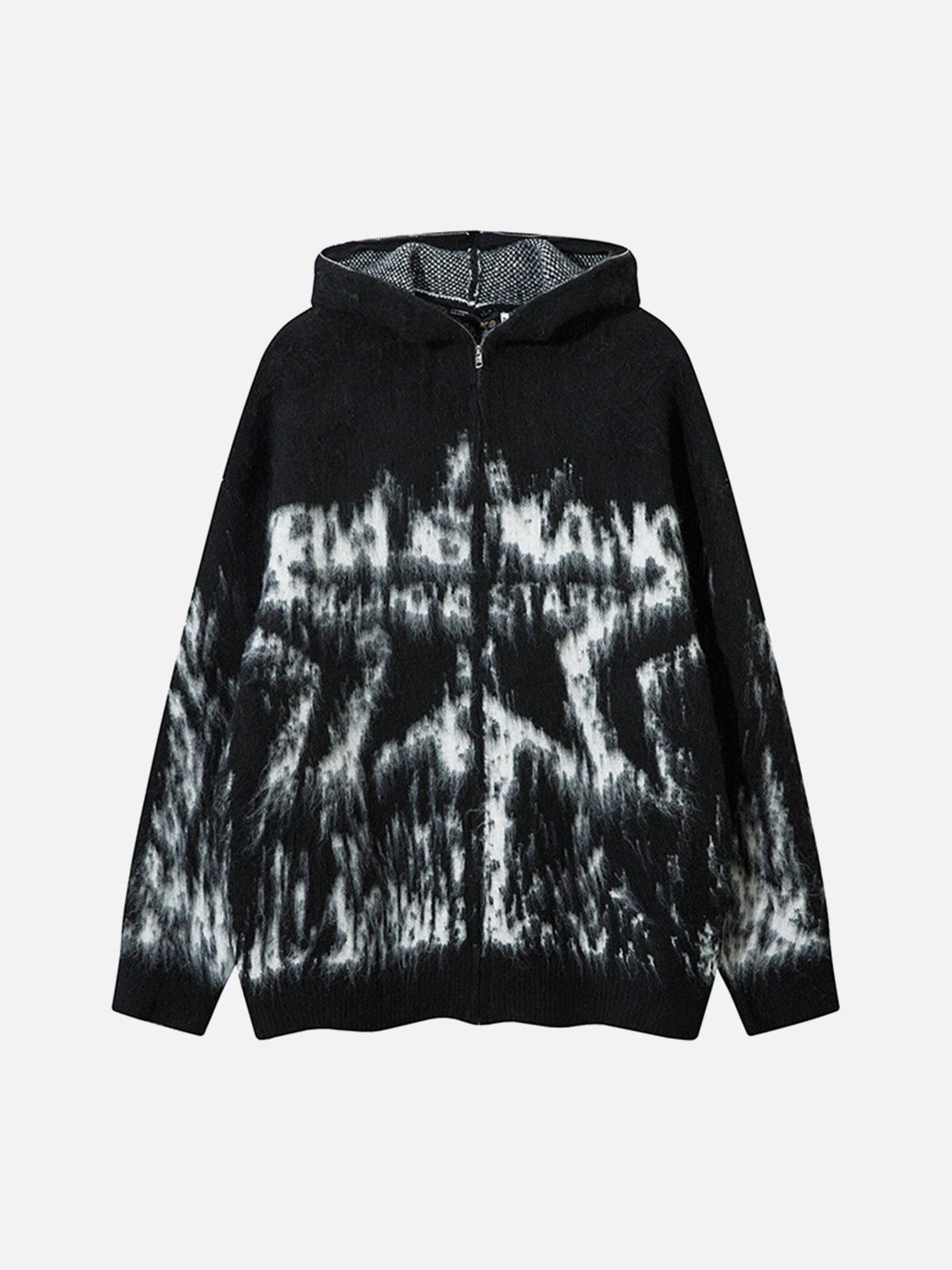 TALISHKO Star Mohair Fuzzy Hooded Zip Up Sweater