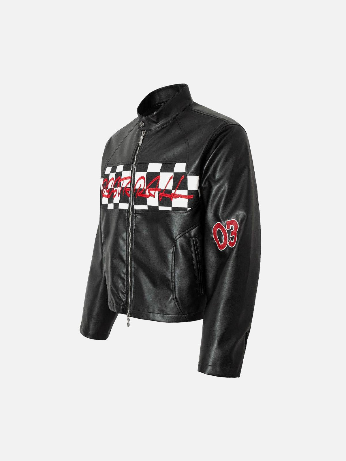 TALISHKO Plaid Stitching Motorcycle Leather Jacket