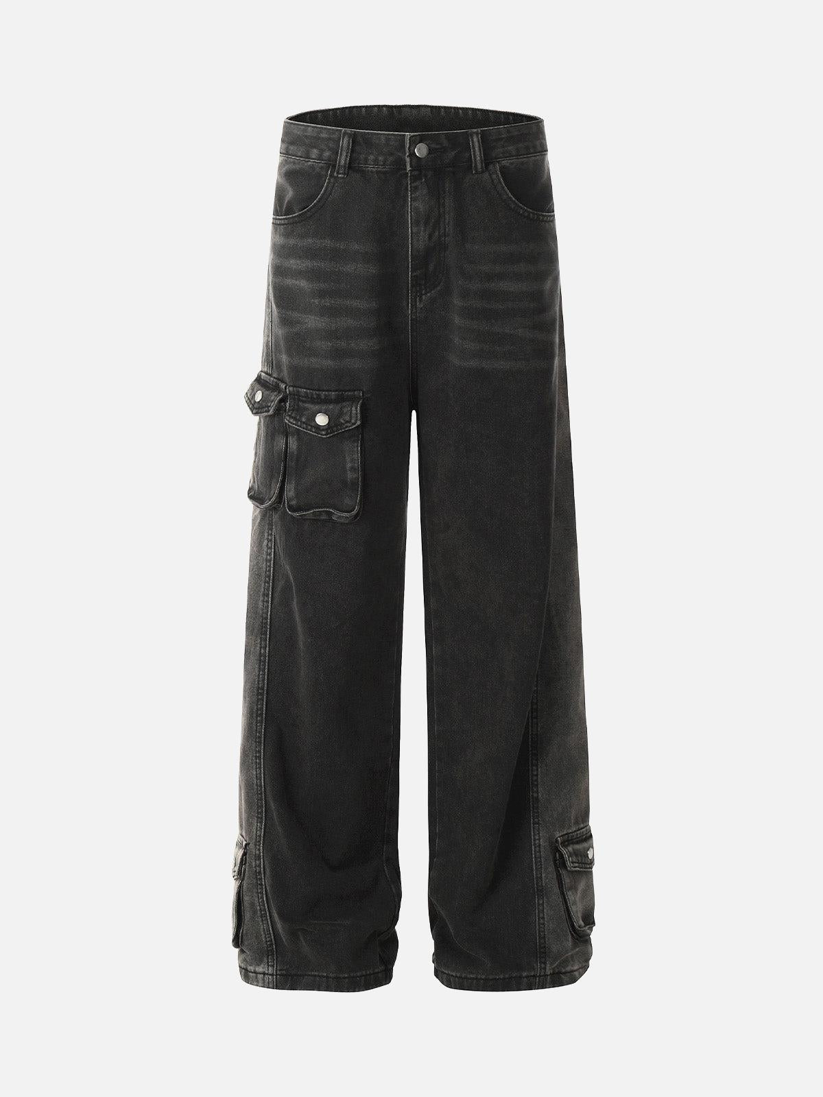 TALISHKO Washed Distressed Multi-Pocket Straight Cargo Jeans