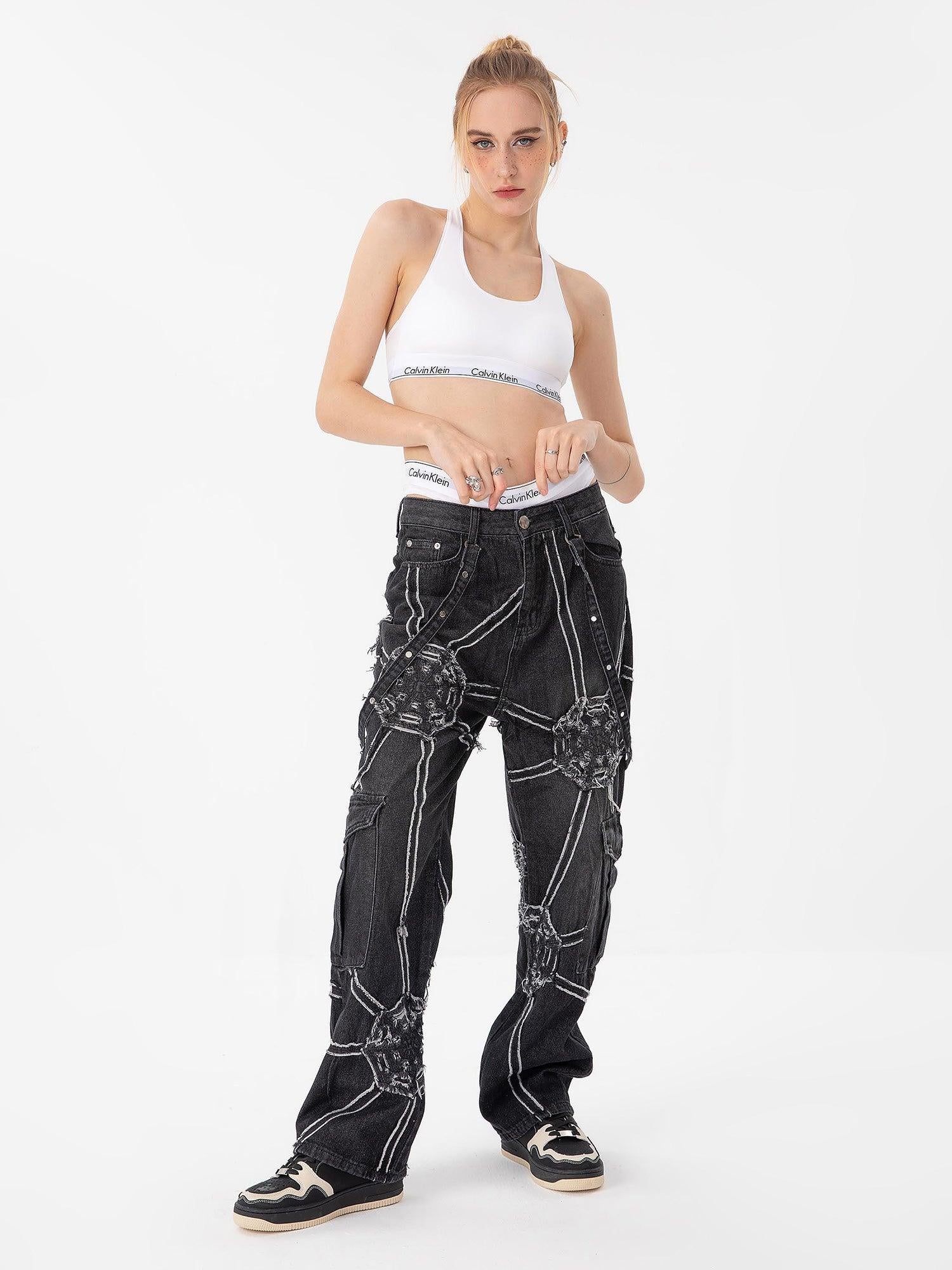 TALISHKO High Street Hip-Hop Spider Web Denim Pants