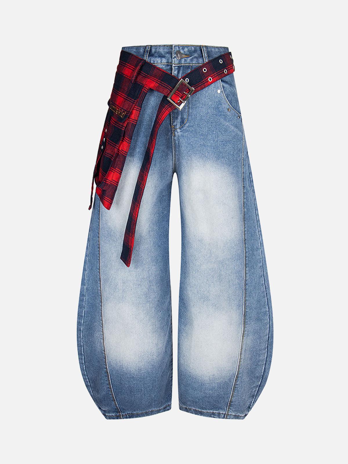 TALISHKO Washed Plaid Belt Barrel Jeans