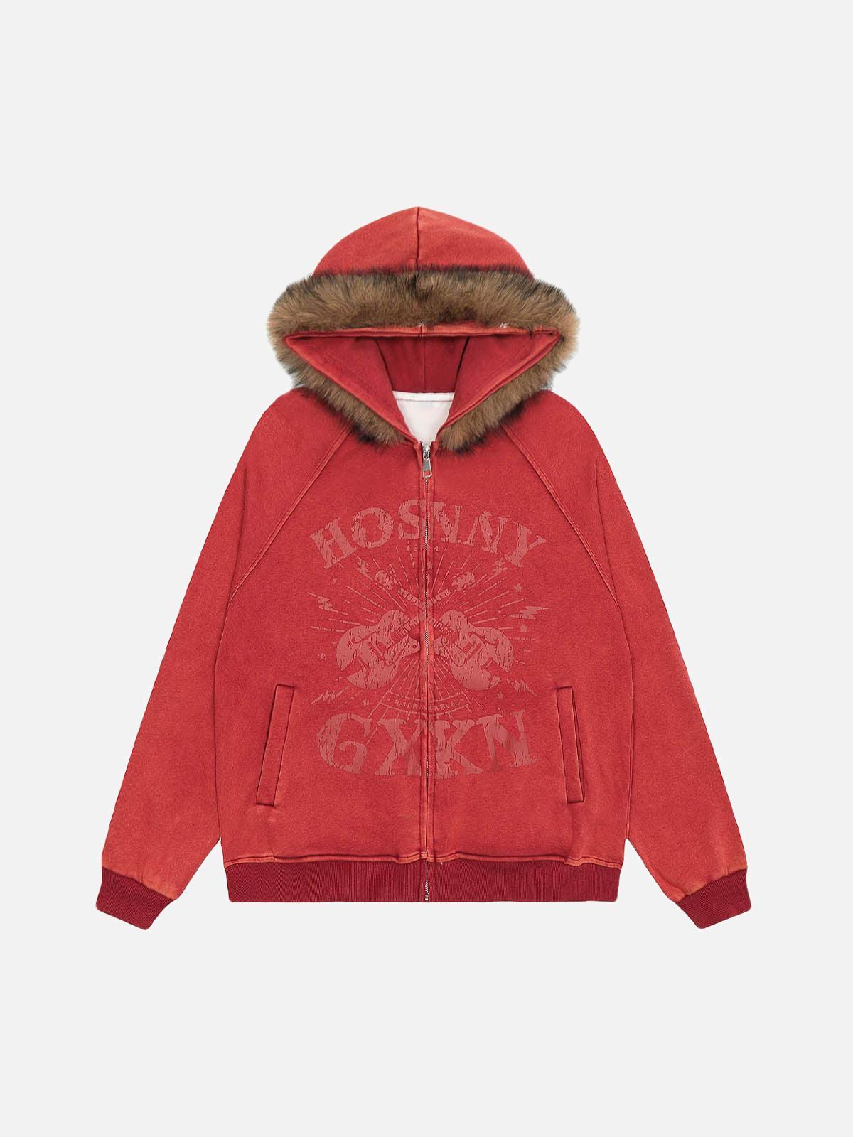 TALISHKO Washed Fur Collar Zip Up Hoodie