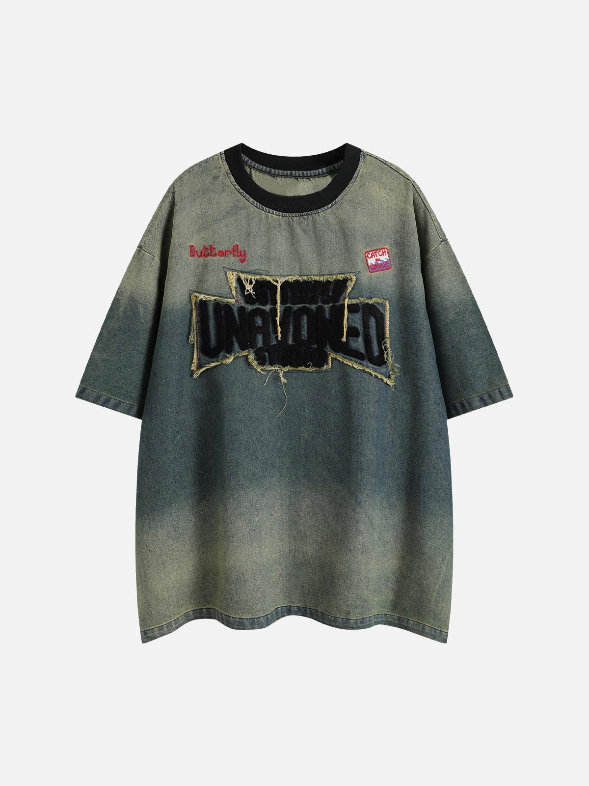 TALISHKO Distressed Washed Patchwork Gradient Denim T-Shirt