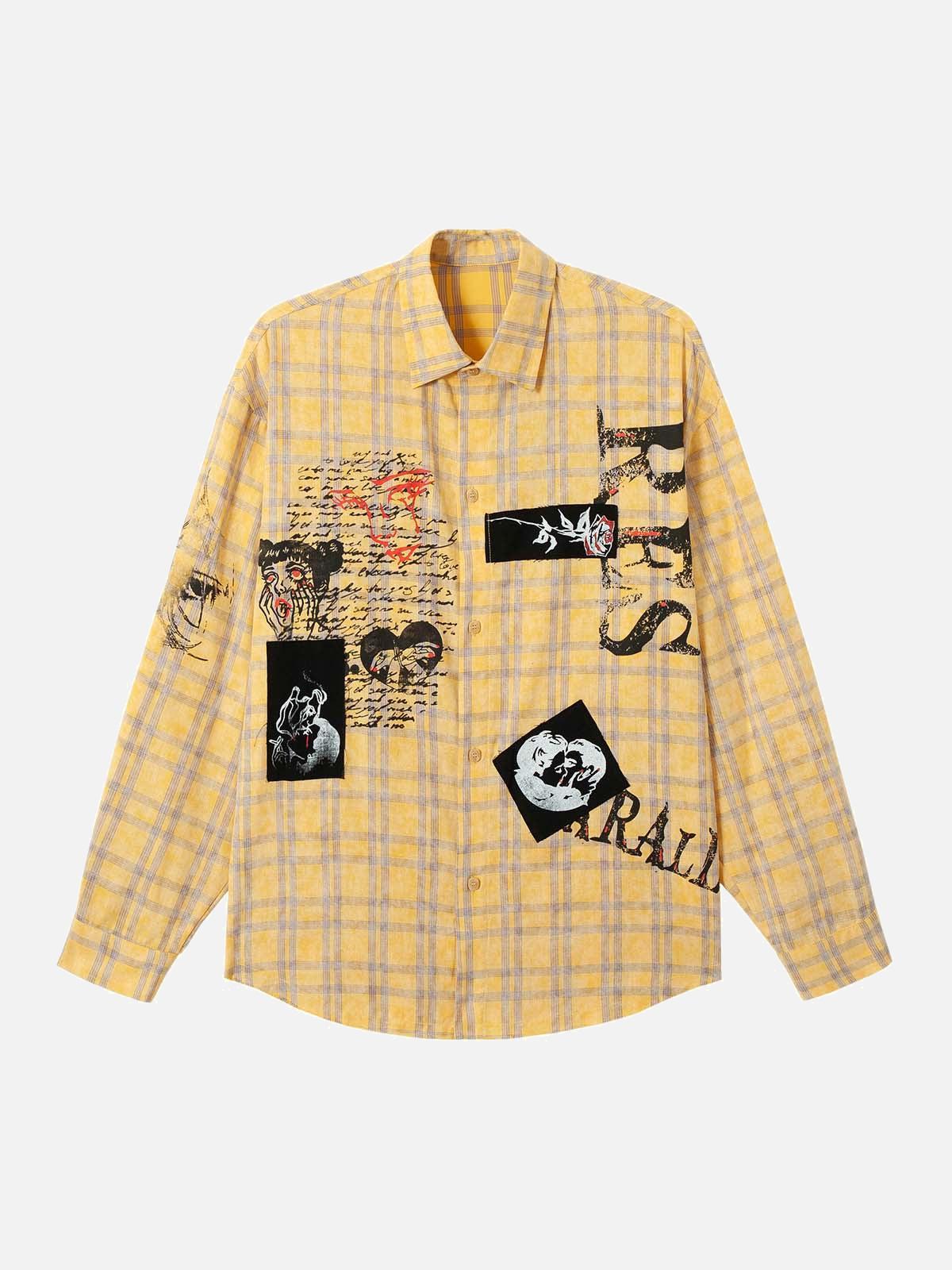 TALISHKO Graffiti Letter Print Long Sleeve Plaid Polo Shirt