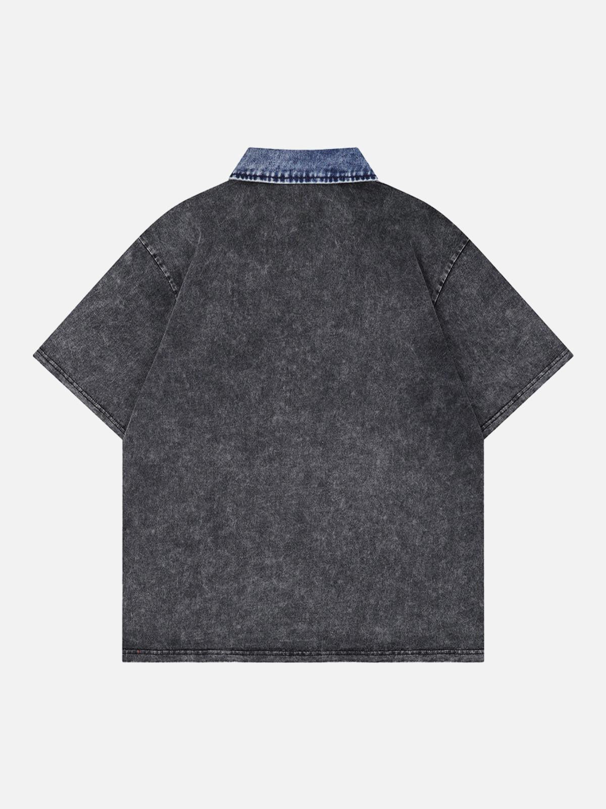 TALISHKO Distressed Embroidered Denim Collar Polo Shirt