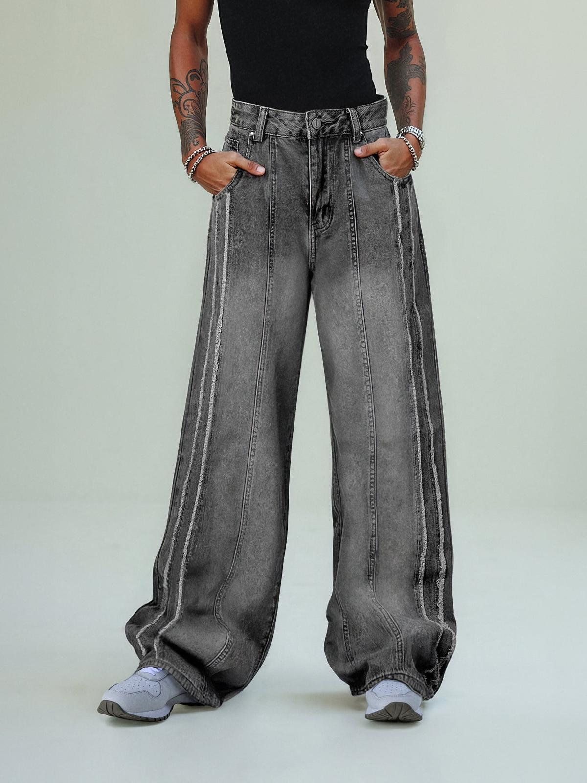 TALISHKO Washed Distressed Raw Edge Baggy Jeans