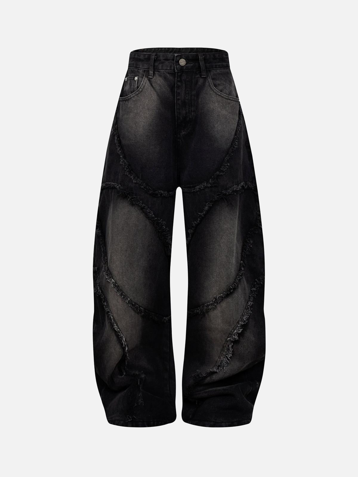 TALISHKO Washed Distressed Raw Edge Barrel Jeans