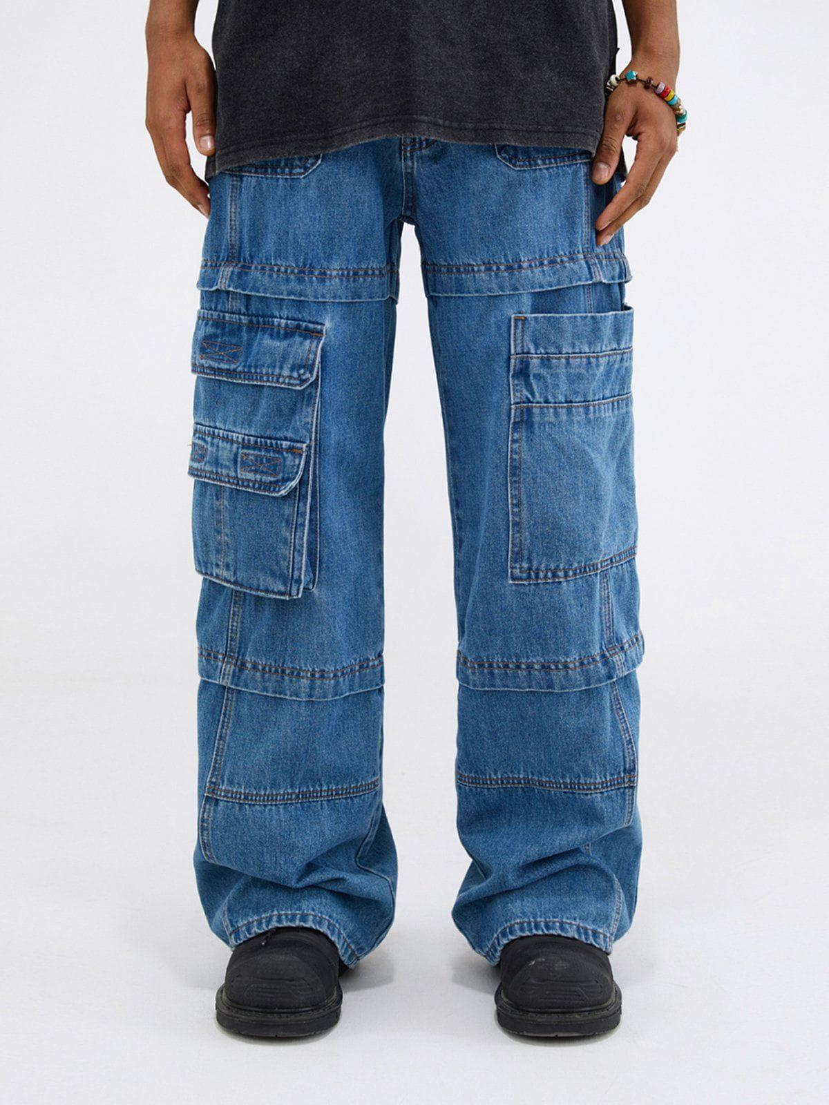 TALISHKO Multi Pocket Patchwork Straight-Leg Jeans