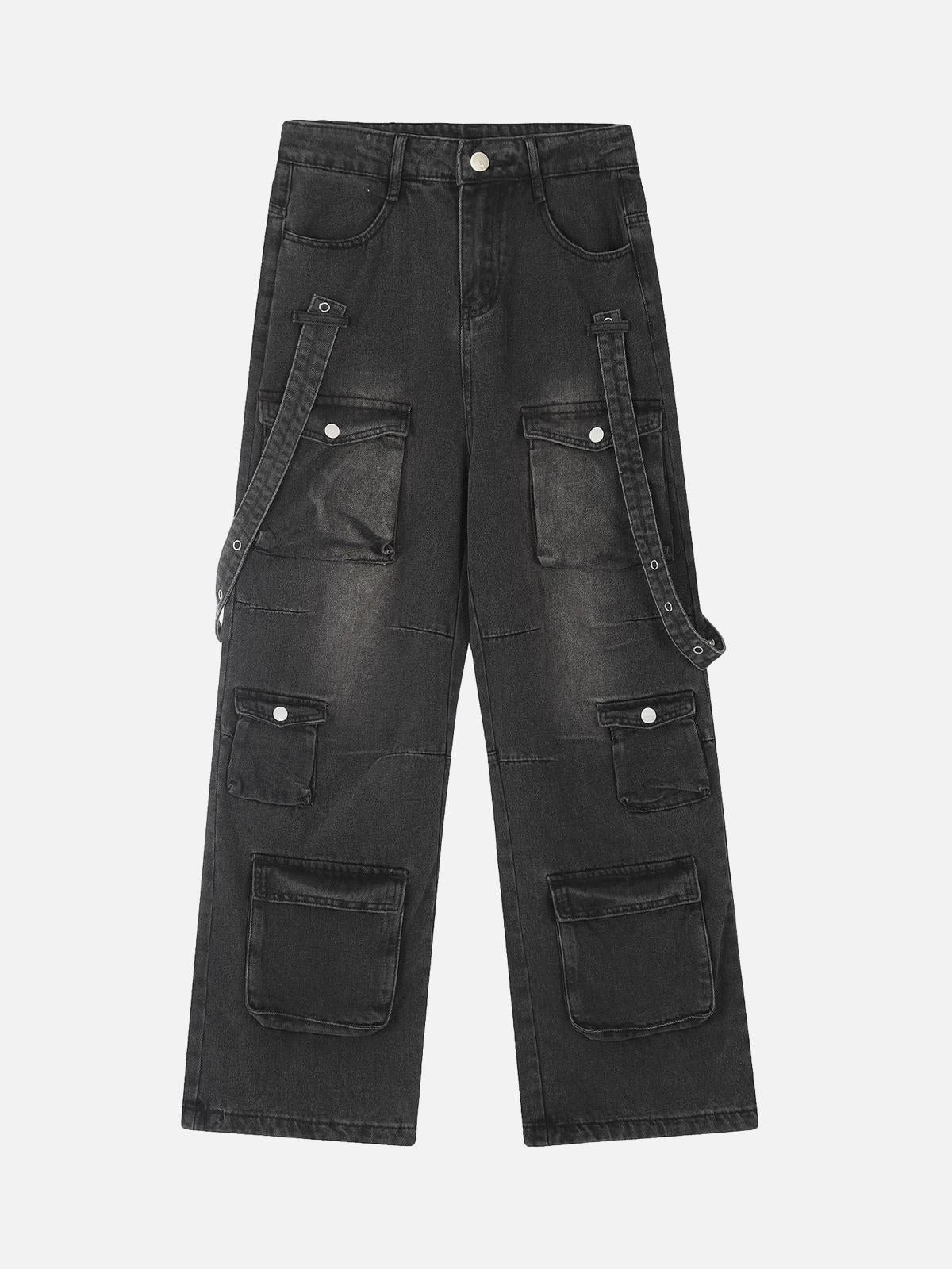 TALISHKO Vintage Washed Web Rivets Hip-Hop Jeans