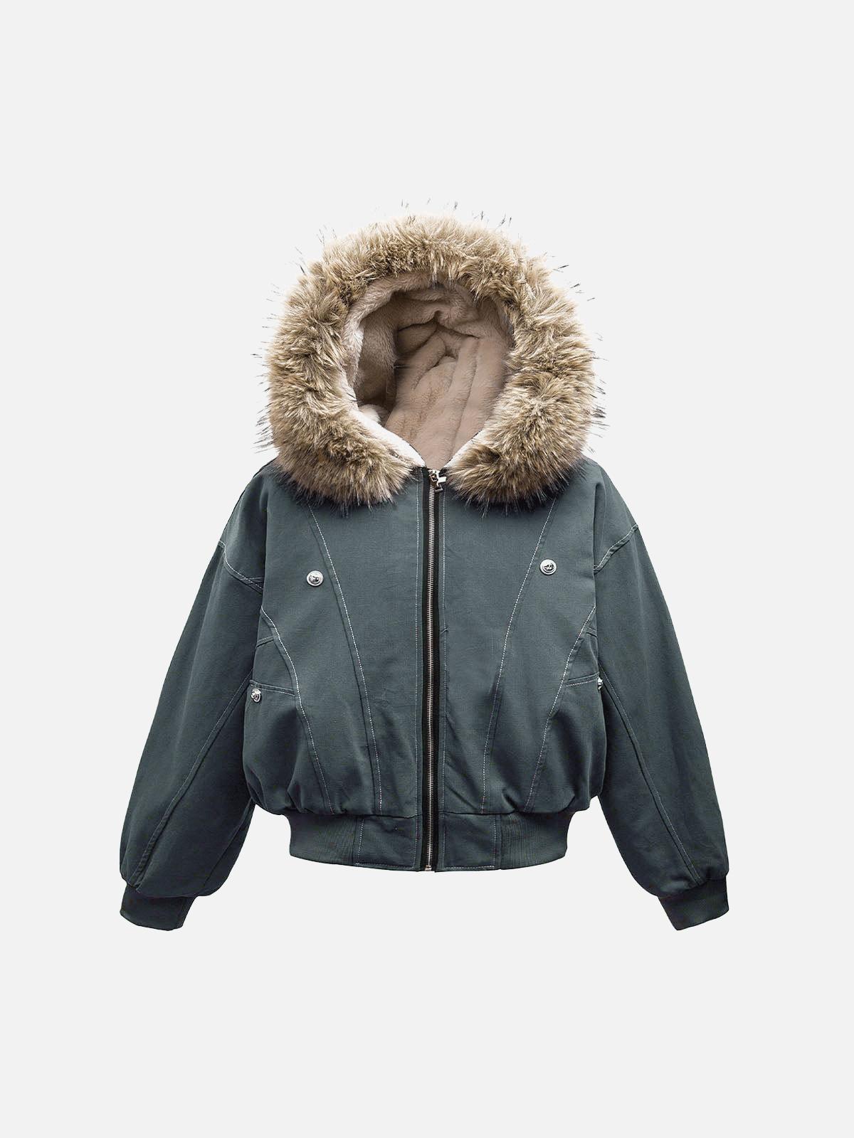 TALISHKO Fur Lined Zip Up Hooded Bomber Jacket