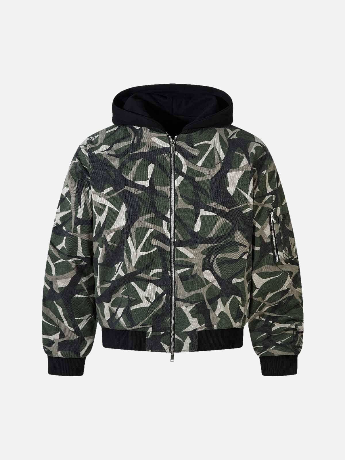 TALISHKO Camouflage Faux Two-Piece Hooded Bomber Jacket