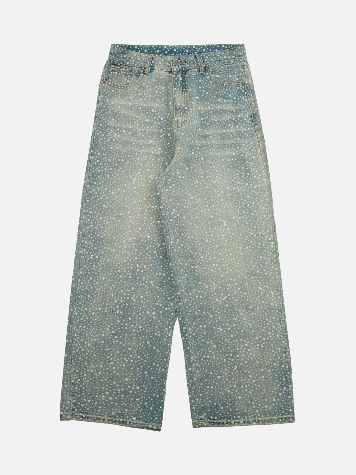 TALISHKO Ink Splashed Hotfix Rhinestone Baggy Jeans