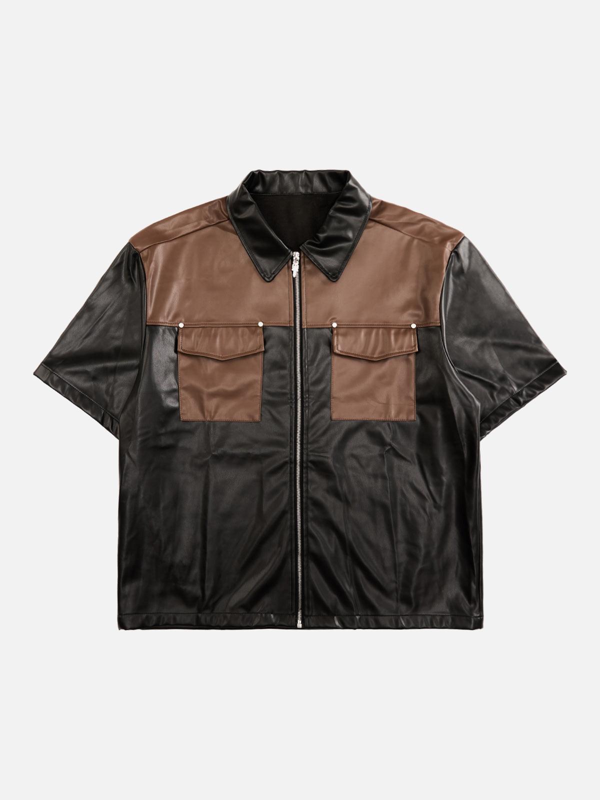 TALISHKO Gangster Rap Patchwork Contrast Leather Shirt