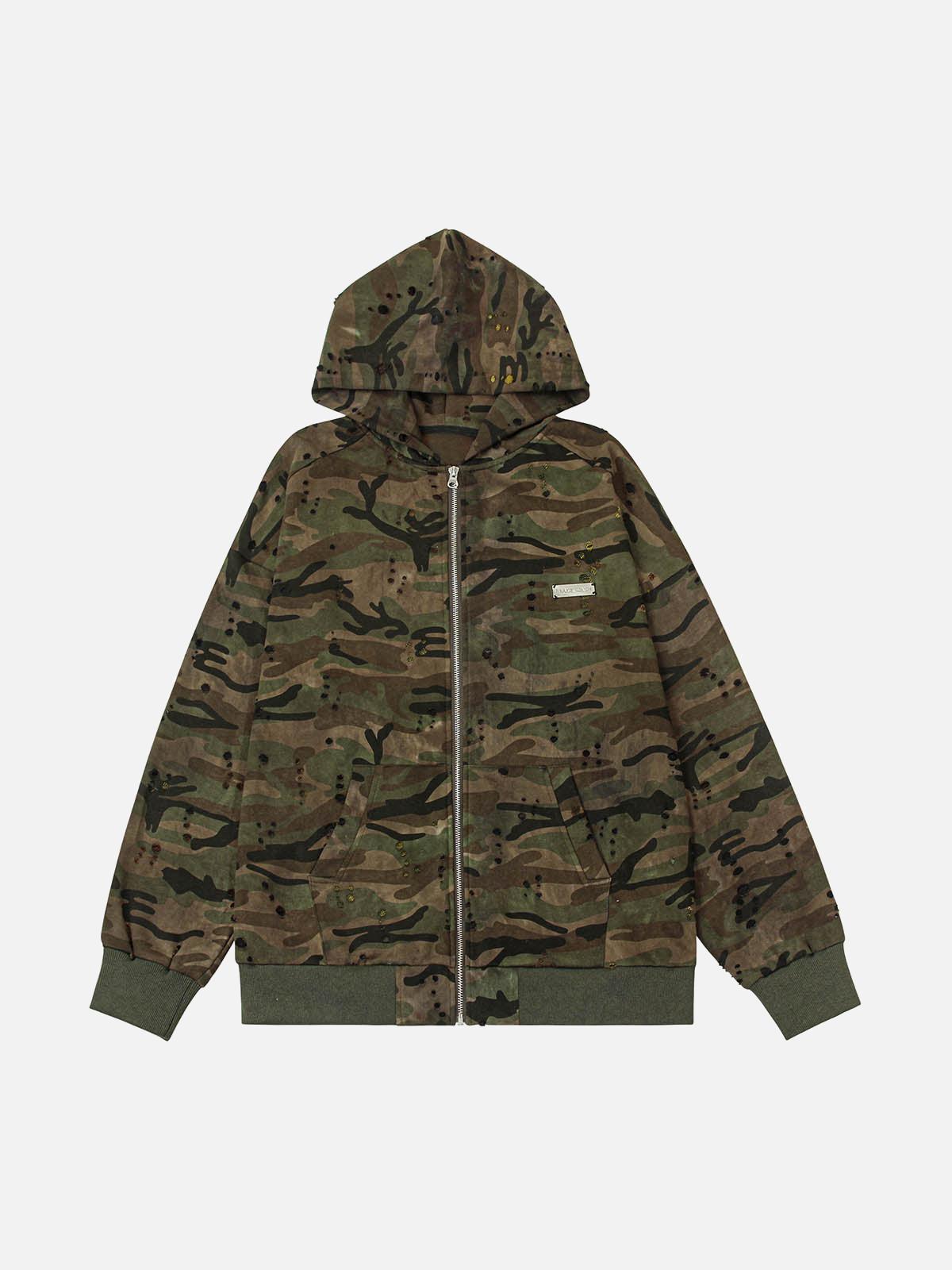 TALISHKO Washed Distressed Zipper Hooded Jacket