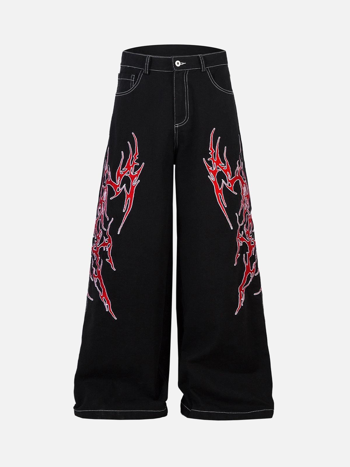 TALISHKO Contrast Flame Embroidered Baggy Jeans