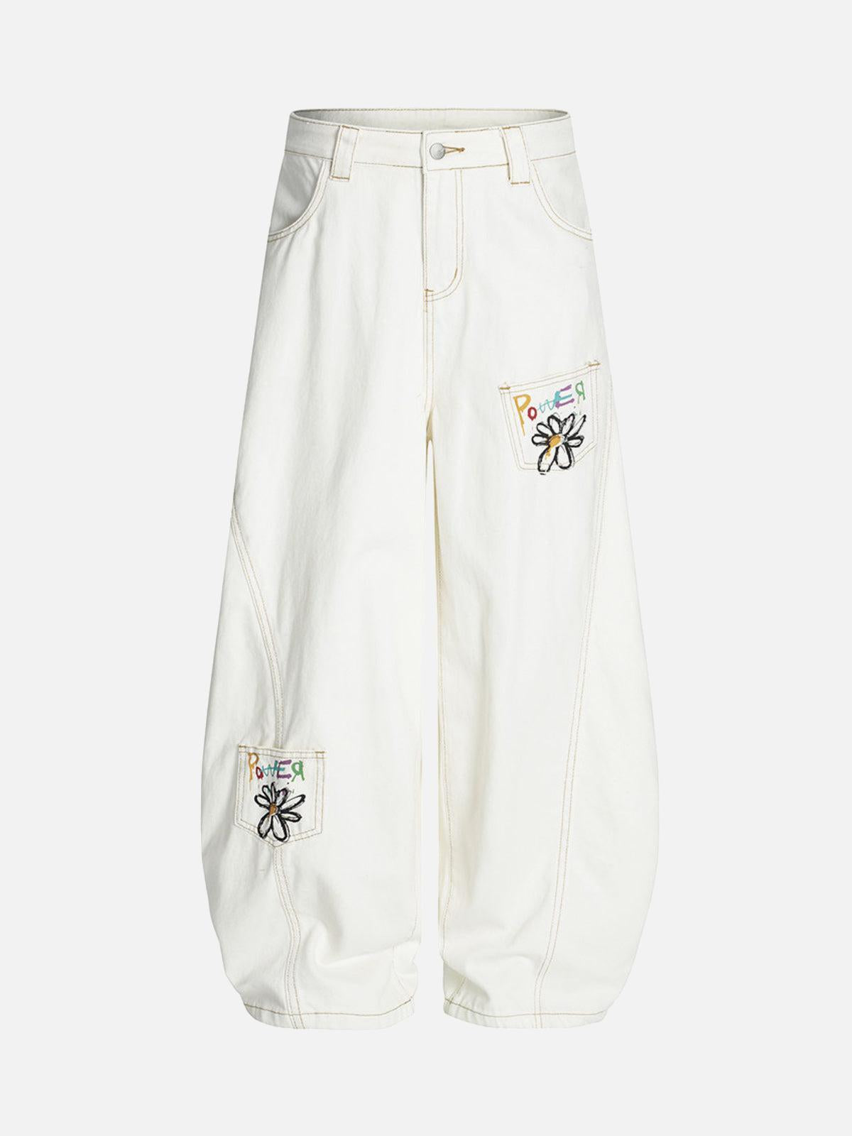 TALISHKO Embroidered Floral Patches Barrel Jeans