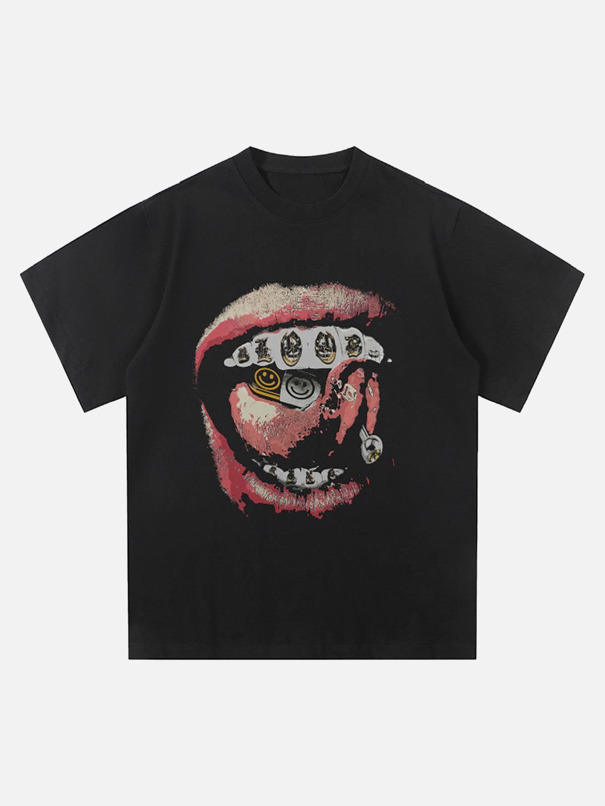 TALISHKO Street Retro Washed Lip Print T-Shirt