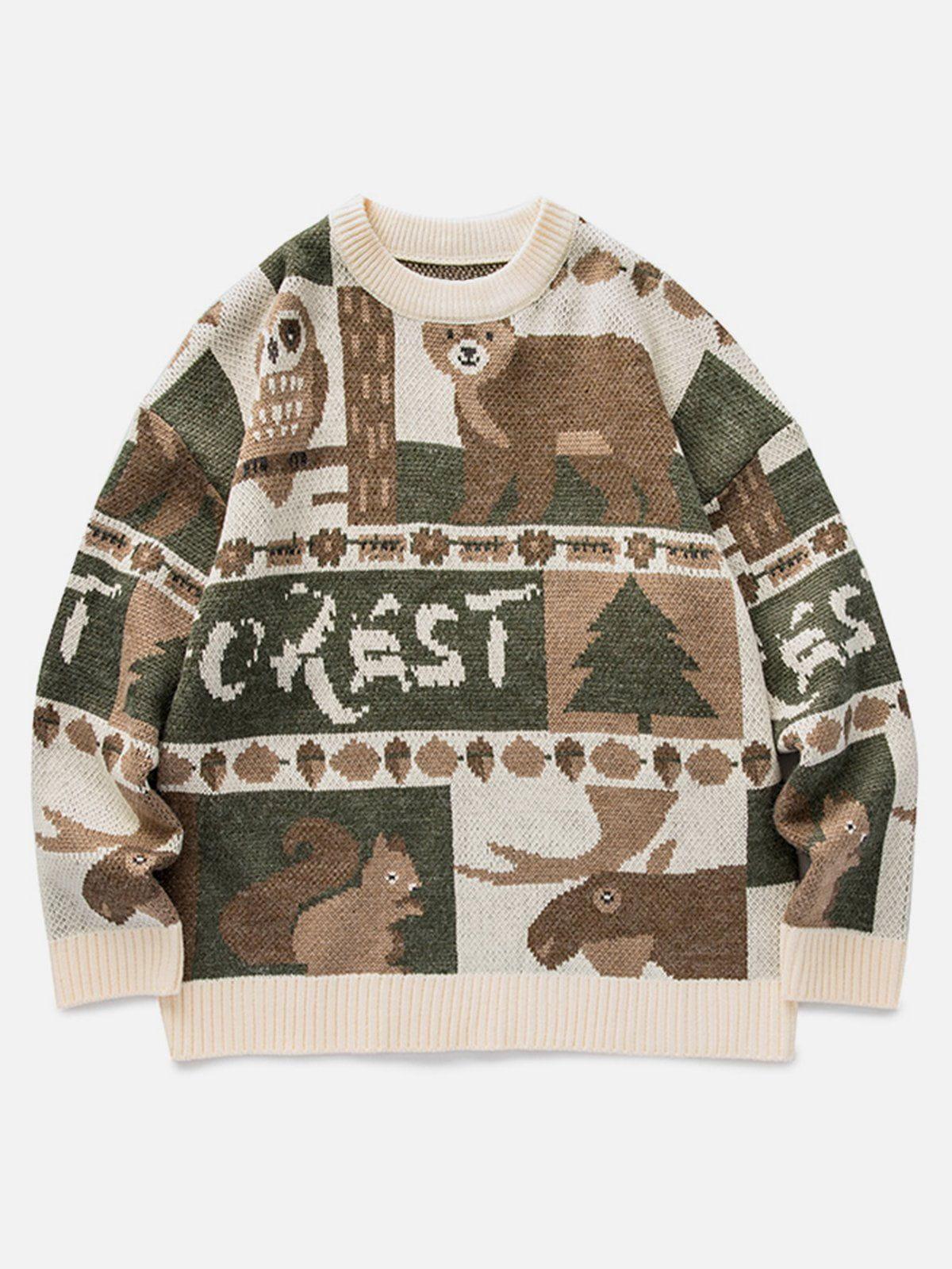 TALISHKO Vintage Owl Bear Print Knitted Sweater