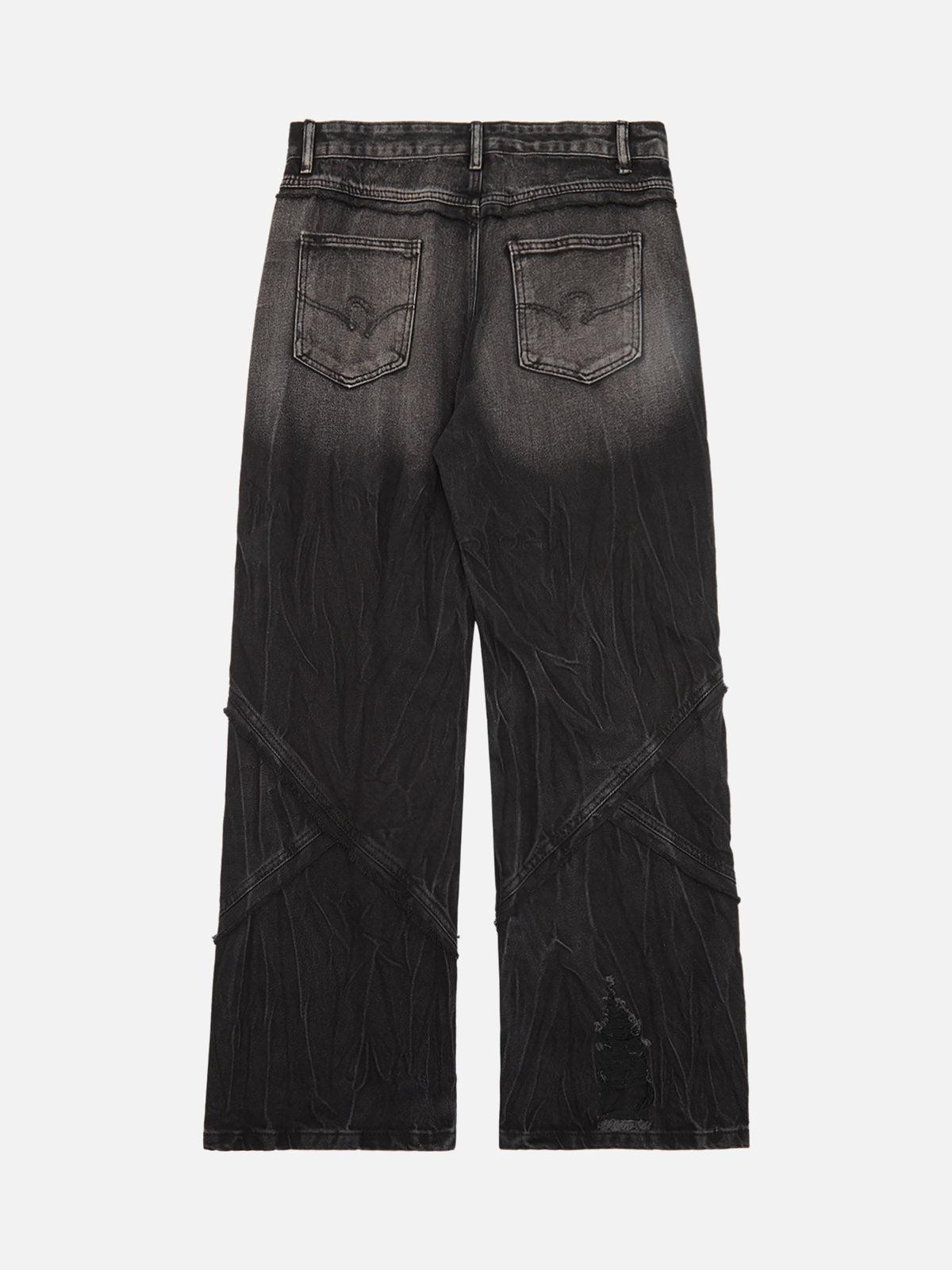 TALISHKO Heavy Washed Ripped Plaid Stitching Hip-Hop Jeans