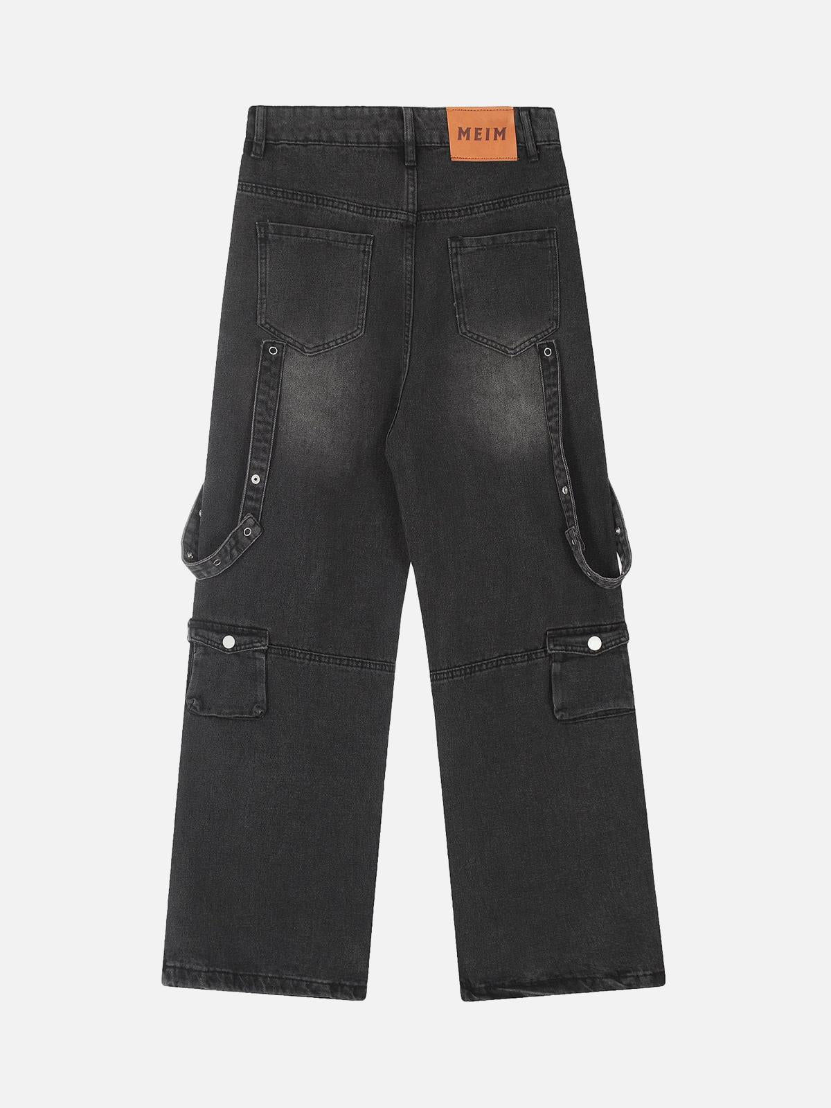 TALISHKO Vintage Washed Web Rivets Hip-Hop Jeans