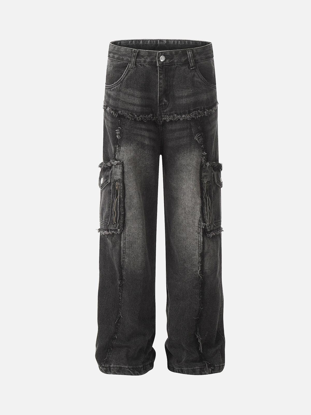 TALISHKO Detressed Raw Edge Multi-Pocket Cargo Jeans