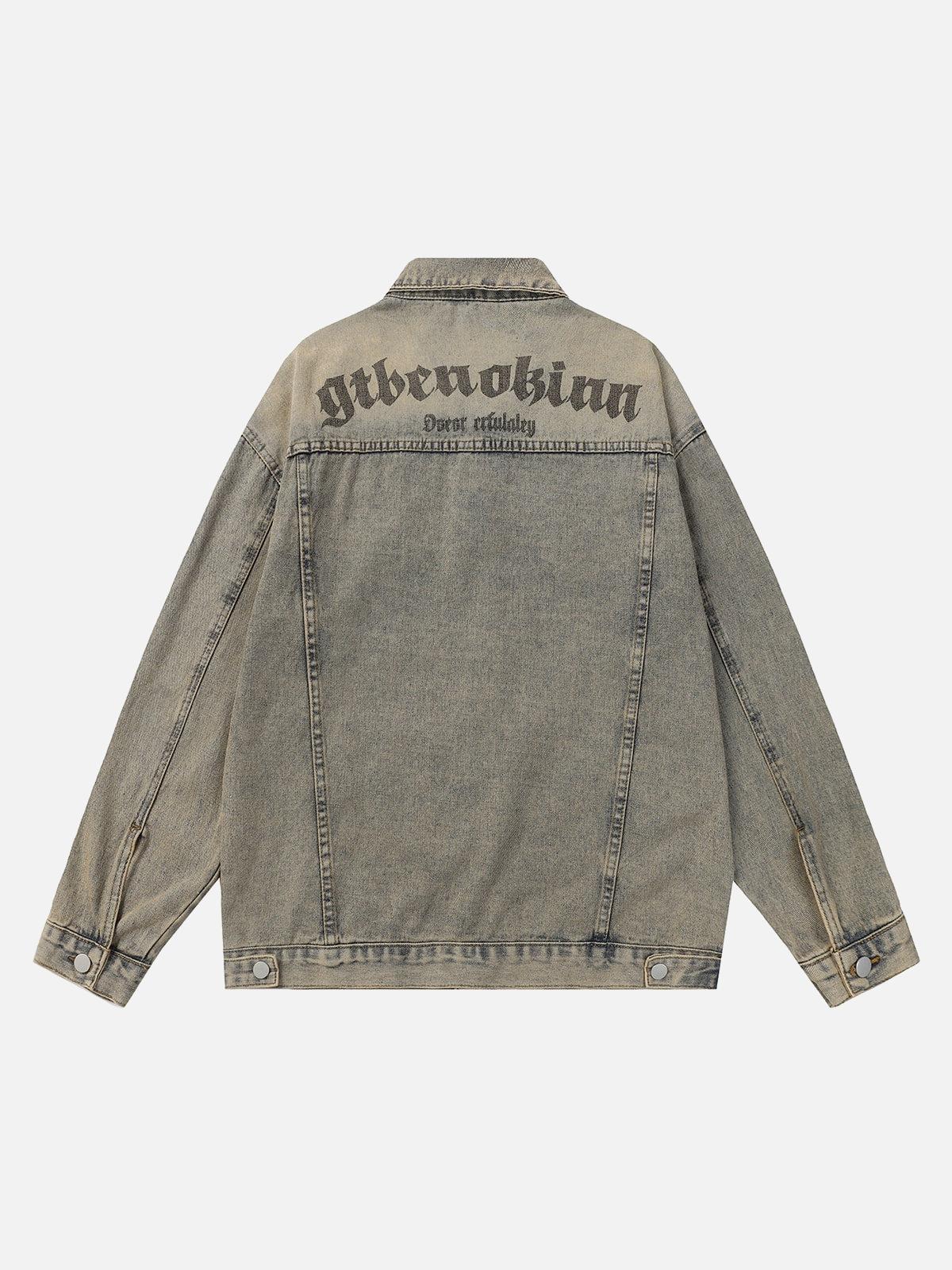 TALISHKO Washed Vintage Letter Print Denim Jacket