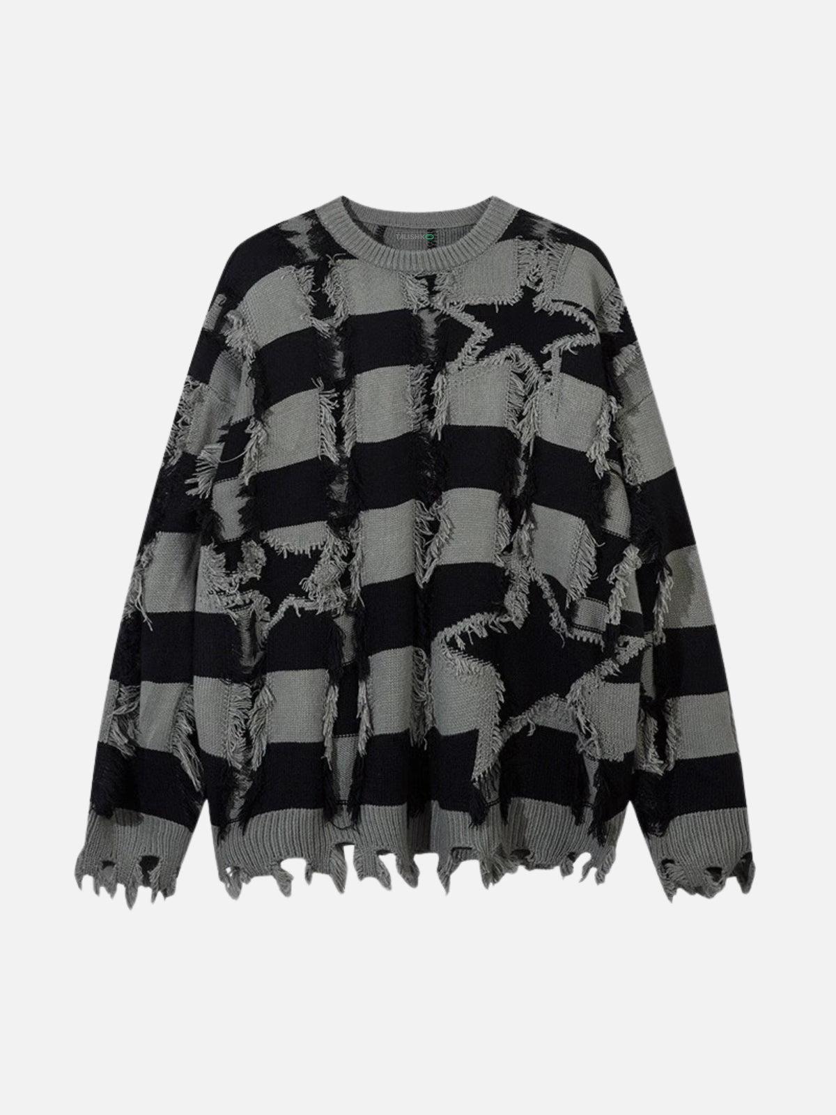 TALISHKO Street Star Stripe Whisker Ripped Crew Neck Sweater