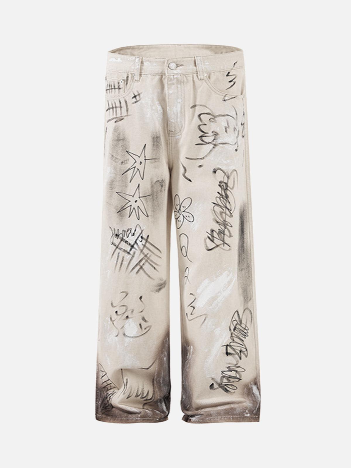 TALISHKO Distressed Washed Graffiti Baggy Jeans