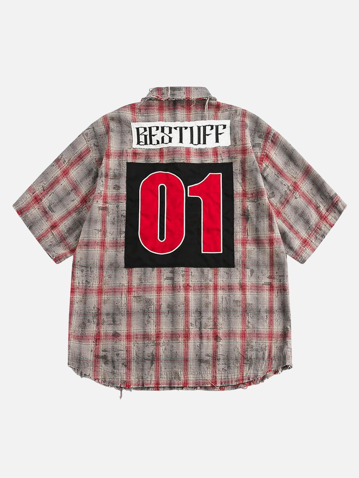 TALISHKO Distressed Patch Plaid Short-Sleeve Shirt
