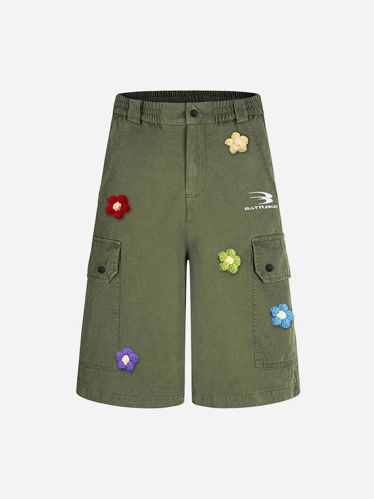 TALISHKO Retro Floral Embroidered Pleated Multi-Pocket Cargo Jorts