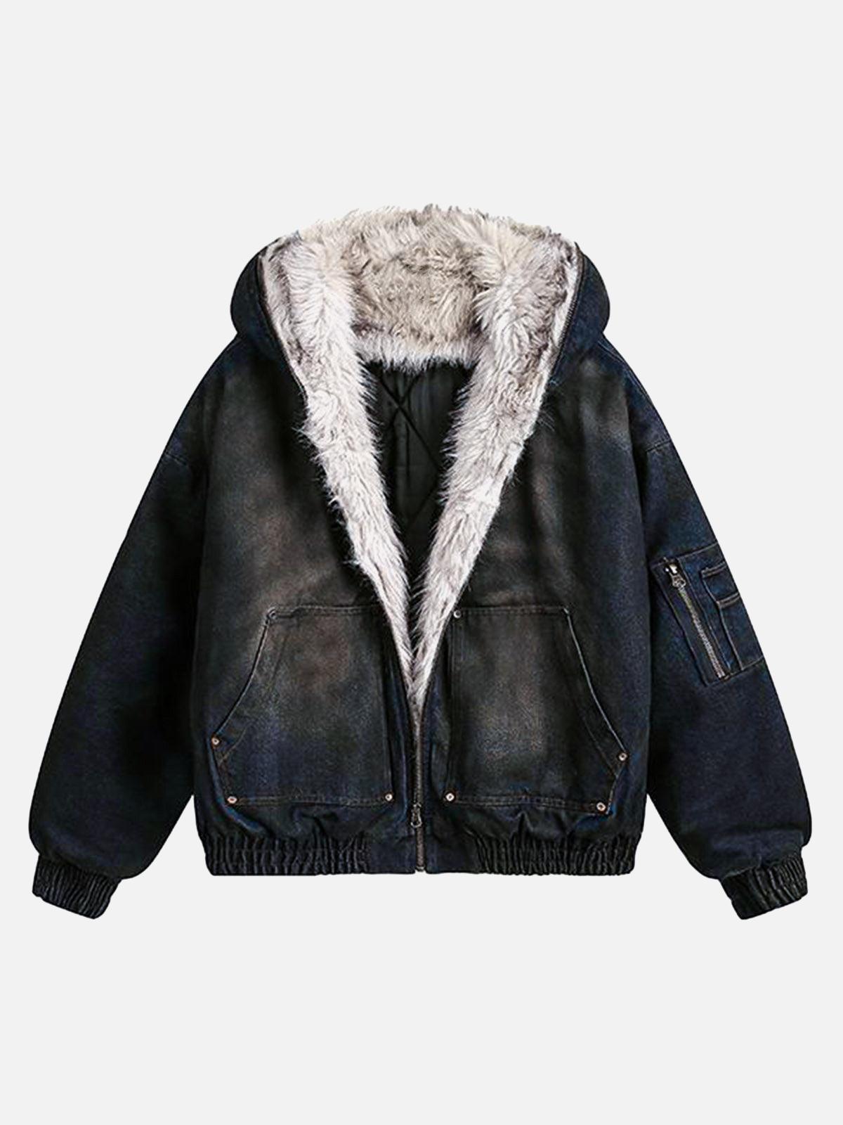 TALISHKO Washed Denim Fur Hooded Jacket