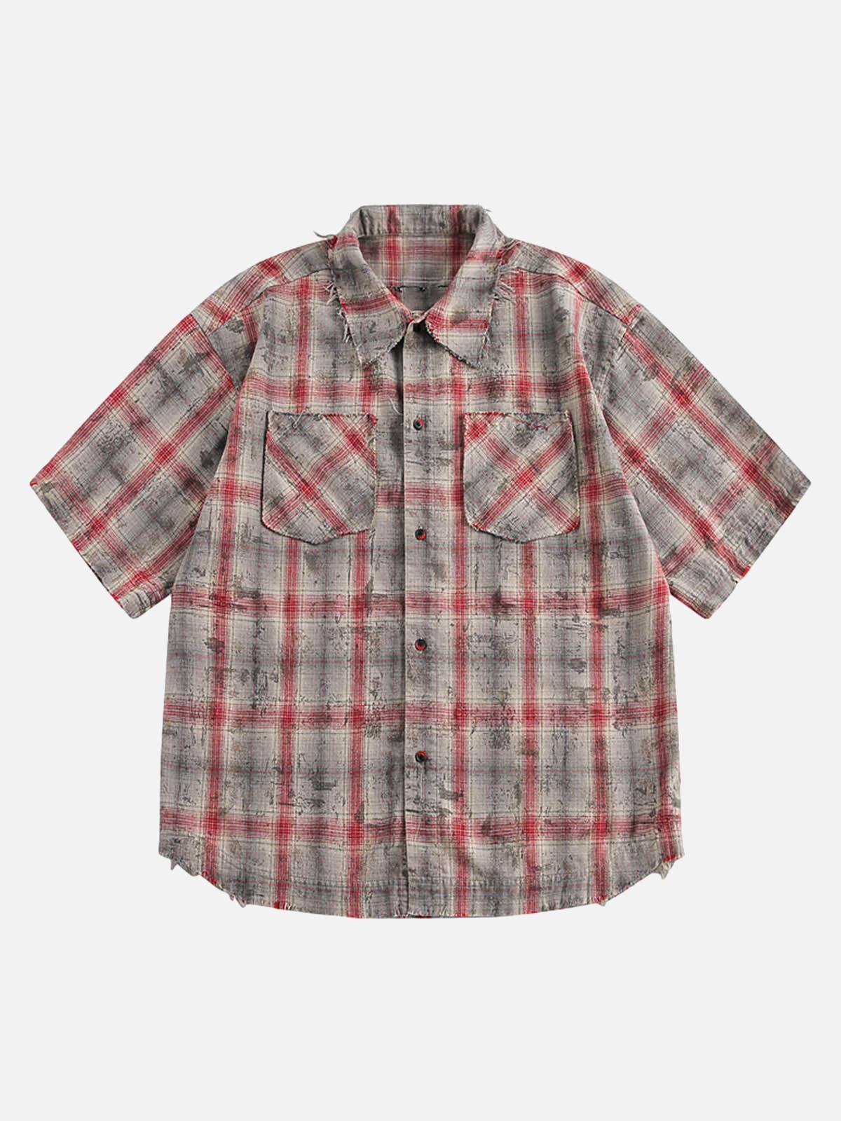 TALISHKO Distressed Patch Plaid Short-Sleeve Shirt
