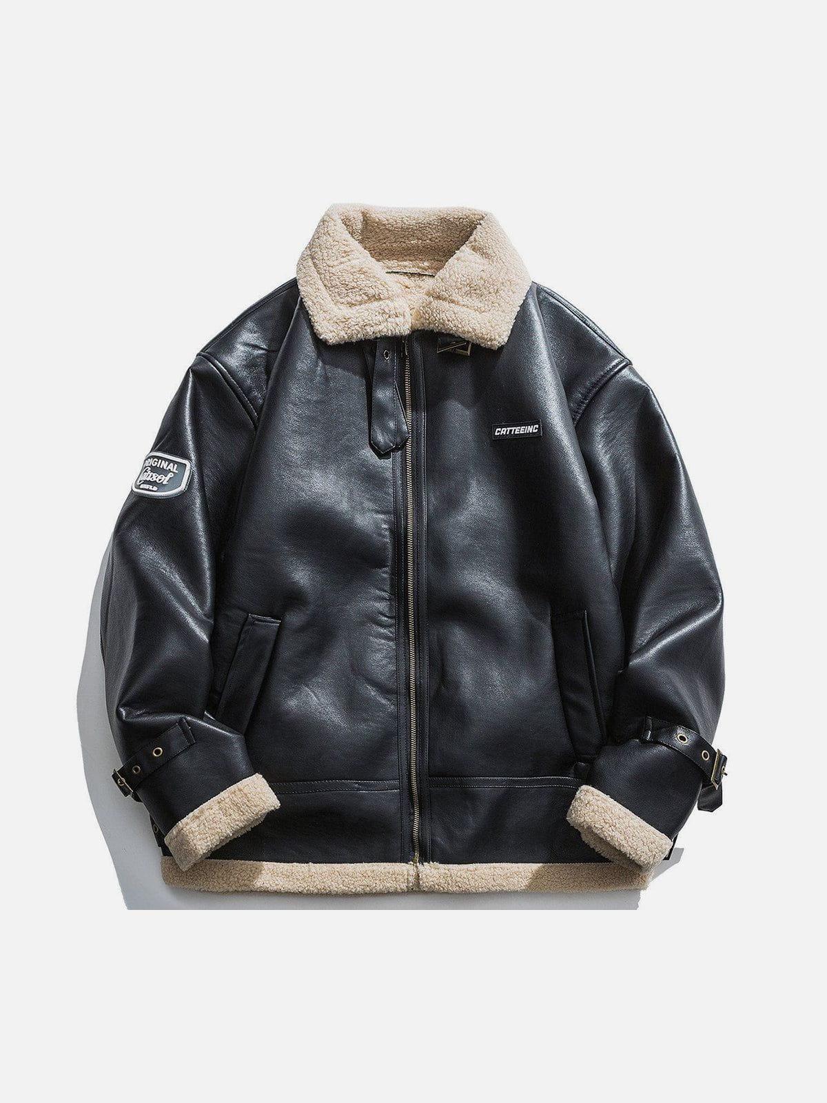 TALISHKO Zipper Lapel PU Borg Jacket