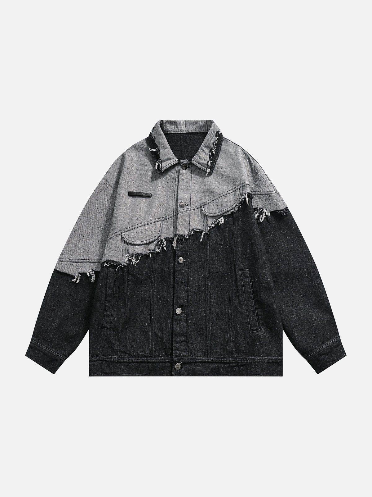 TALISHKO Paneled Color Contrast Ripped Denim Jacket