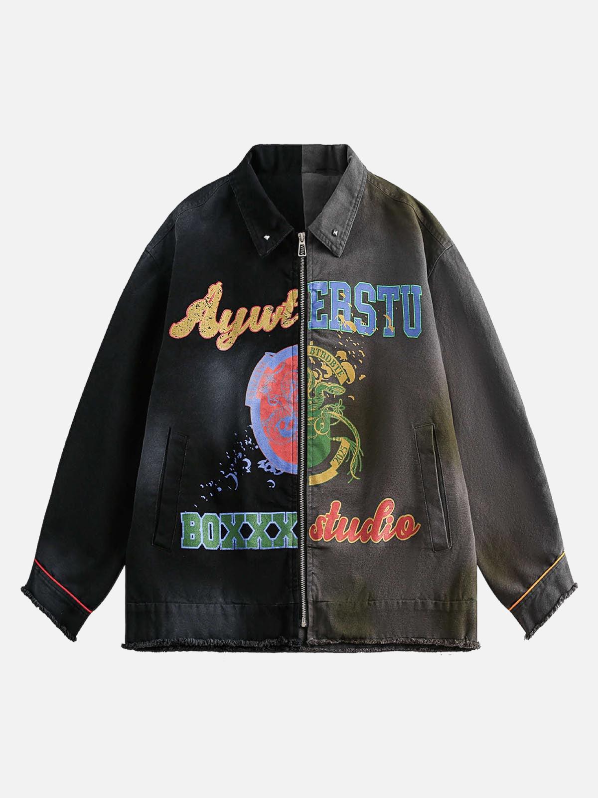 TALISHKO Contrast Color Spliced Graffiti Zip Up Jacket
