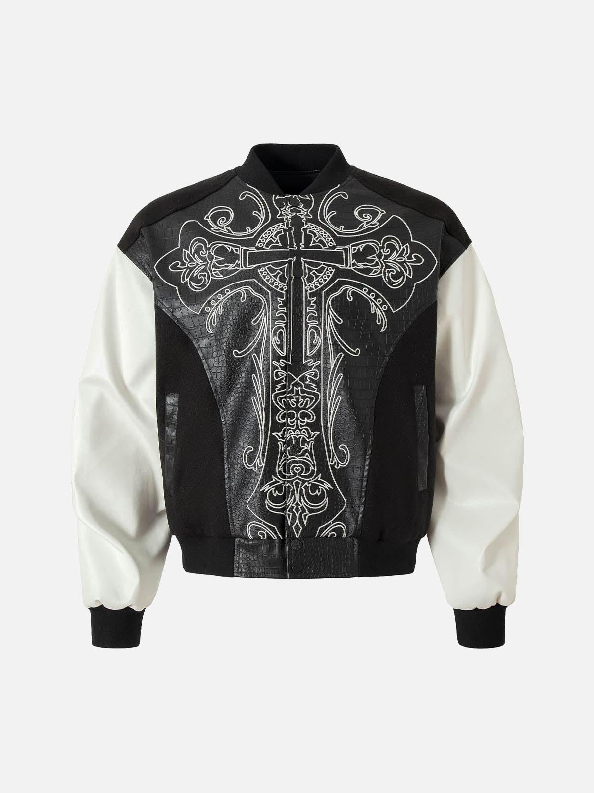 TALISHKO Gothic Cross Embroidery Crocodile Leather Bomber Jacket