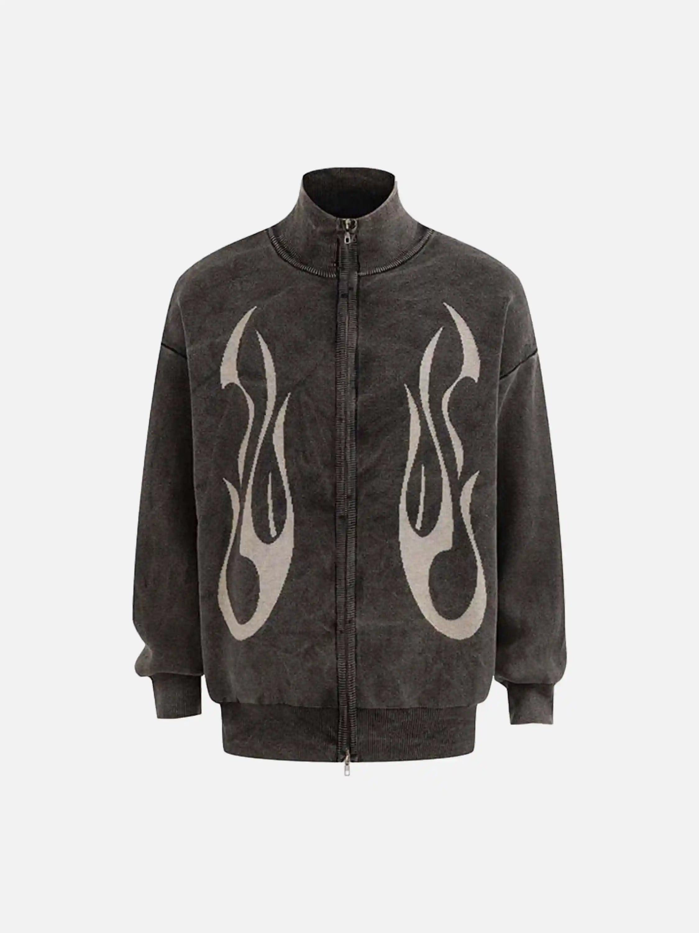 TALISHKO Vintage Flame Jacquard Stand Collar Cardigan
