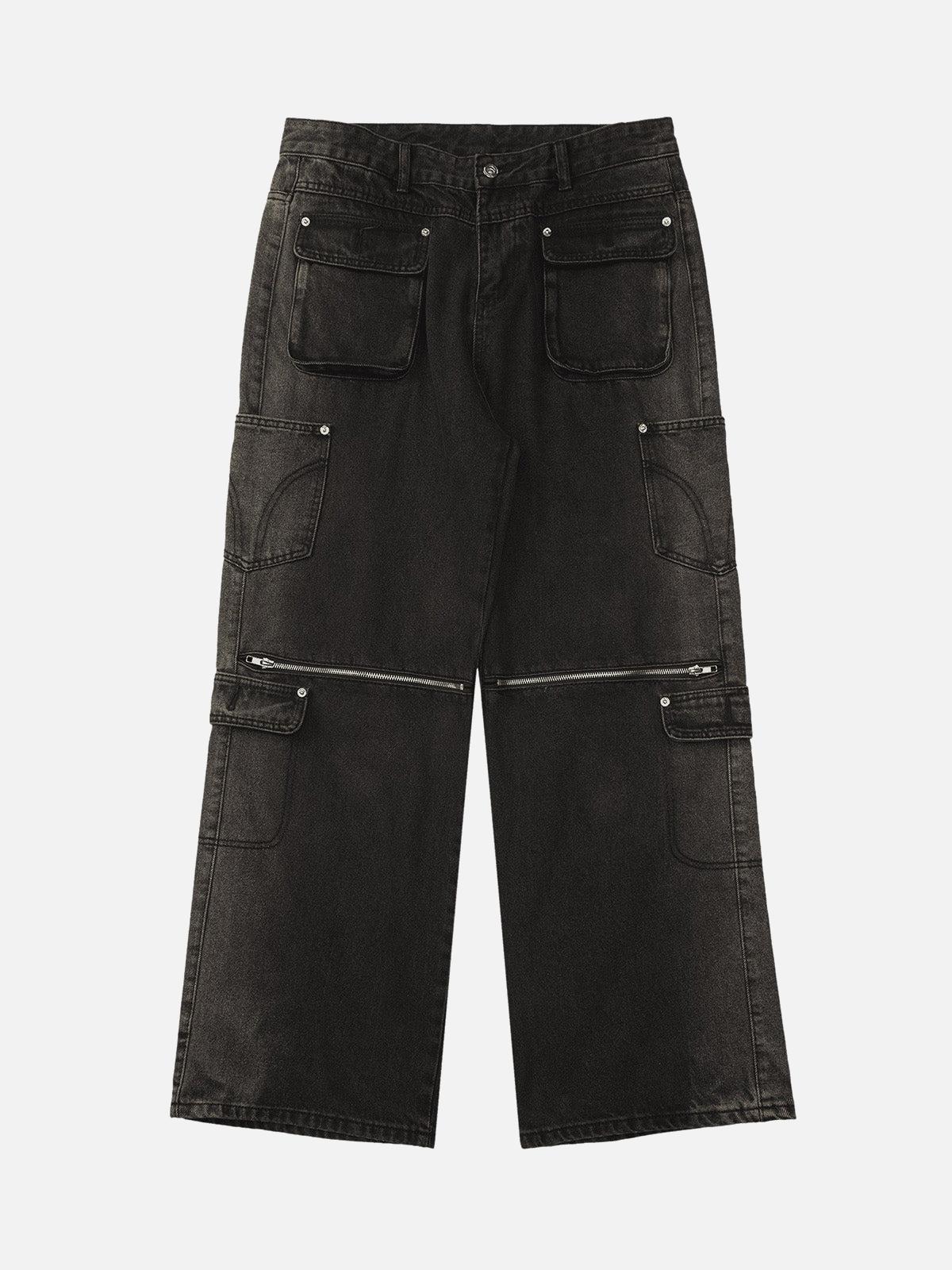 TALISHKO Multi-Pocket Zipper Design Washed Hip-Hop Jeans