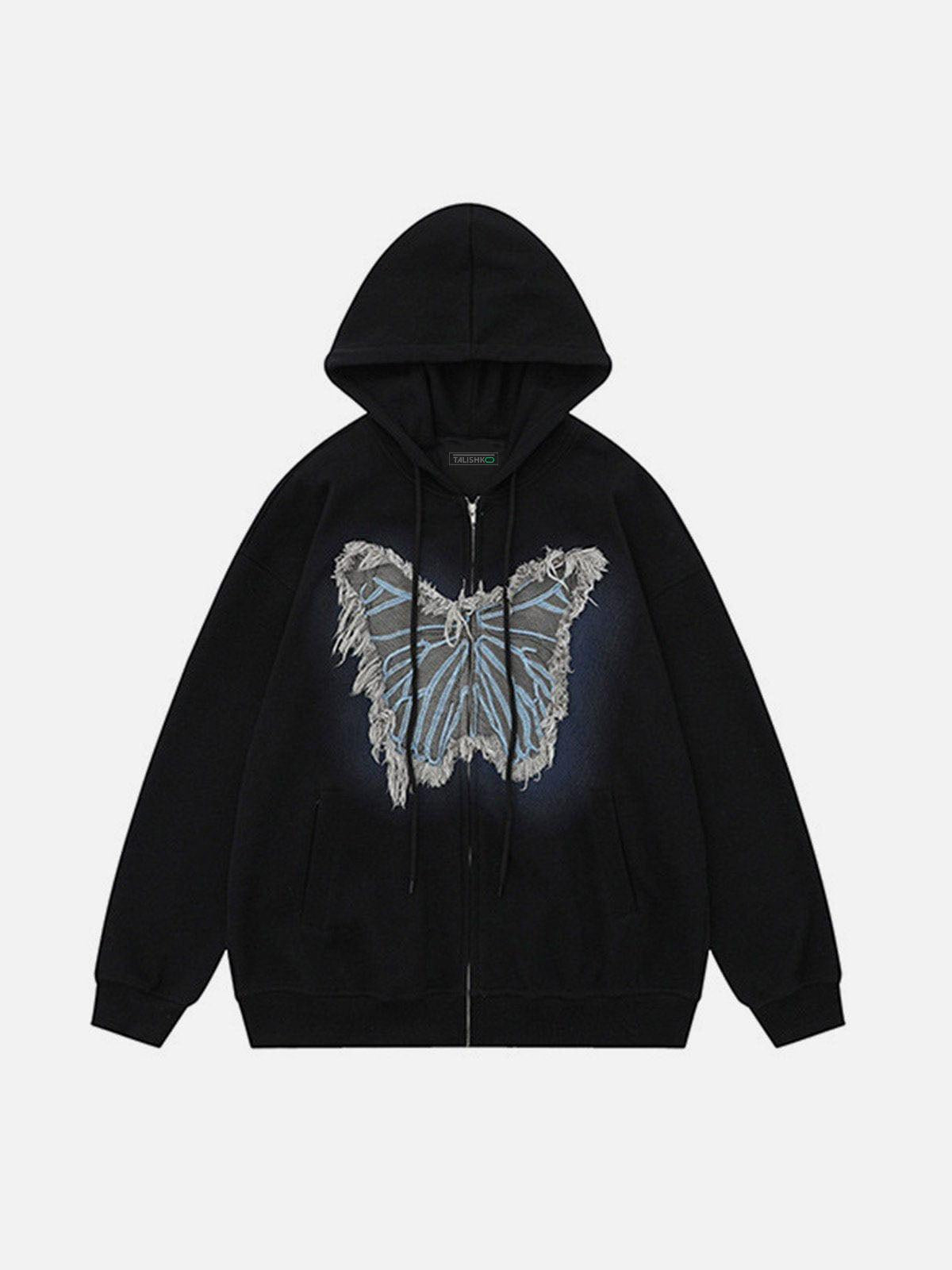 TALISHKO Distressed Butterfly Patch Cardigan Hoodie