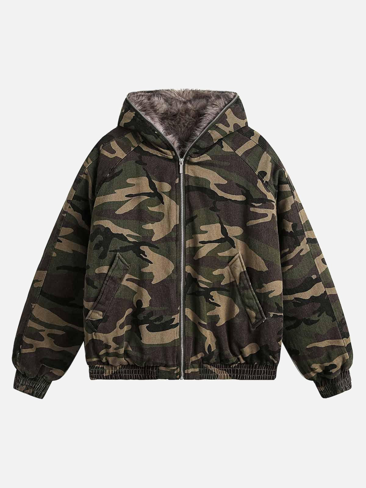 TALISHKO Camouflage Fur Collar Hooded Quilted Jacket