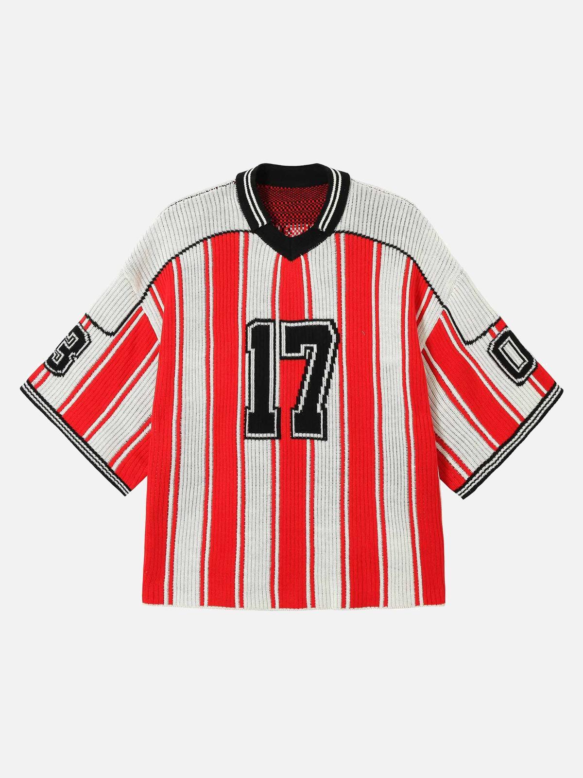 TALISHKO Vintage Striped Baseball Short-Sleeved Knit Sweater