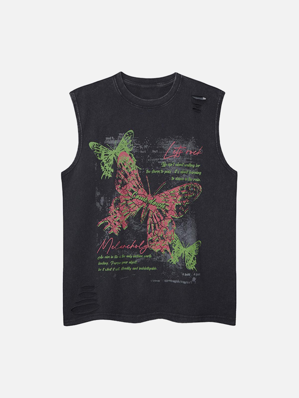 TALISHKO Distressed Graphic Butterfly Print Vest