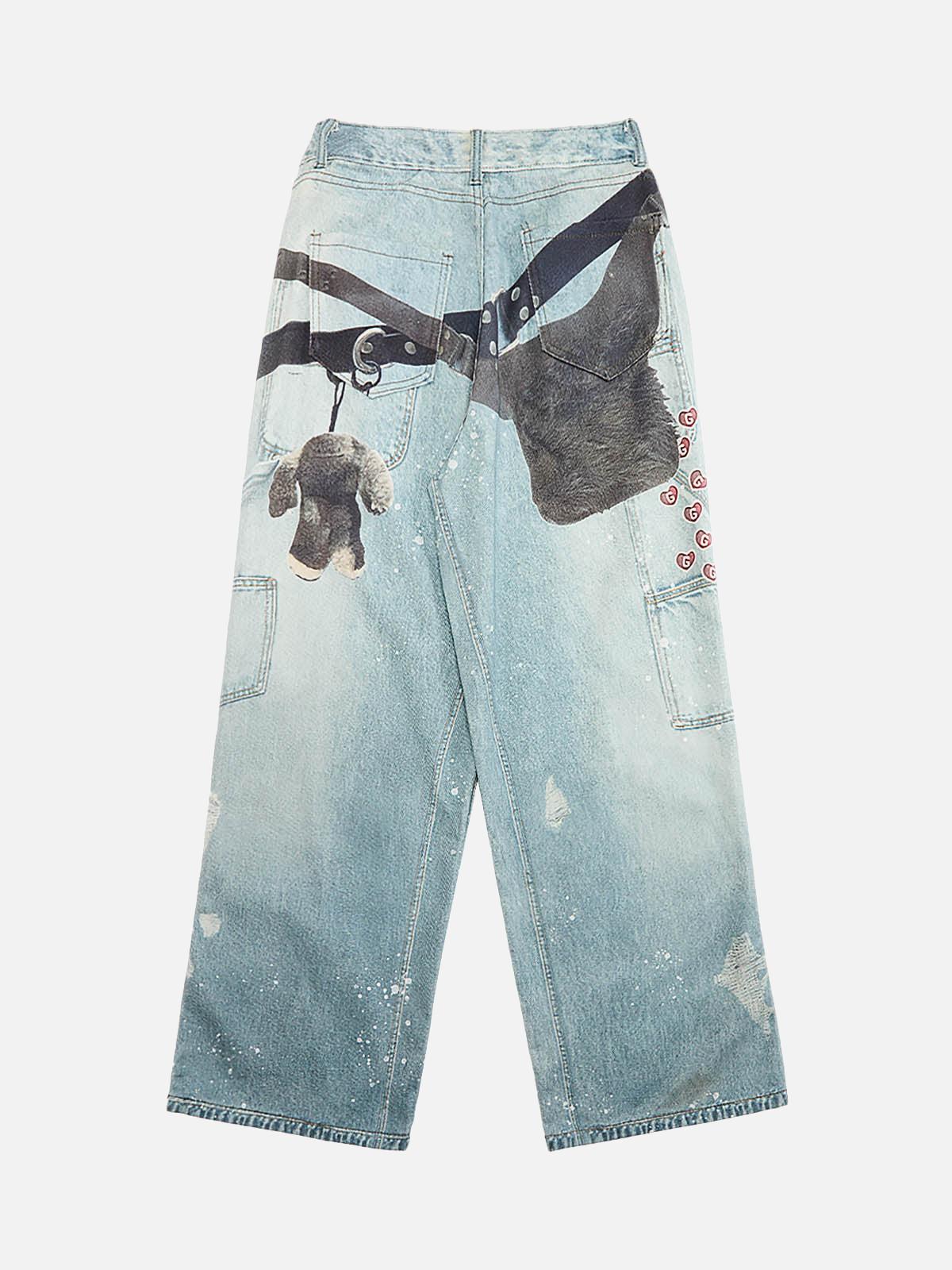 TALISHKO Distressed Washed Ink-Splashed Chain Print Baggy Jeans