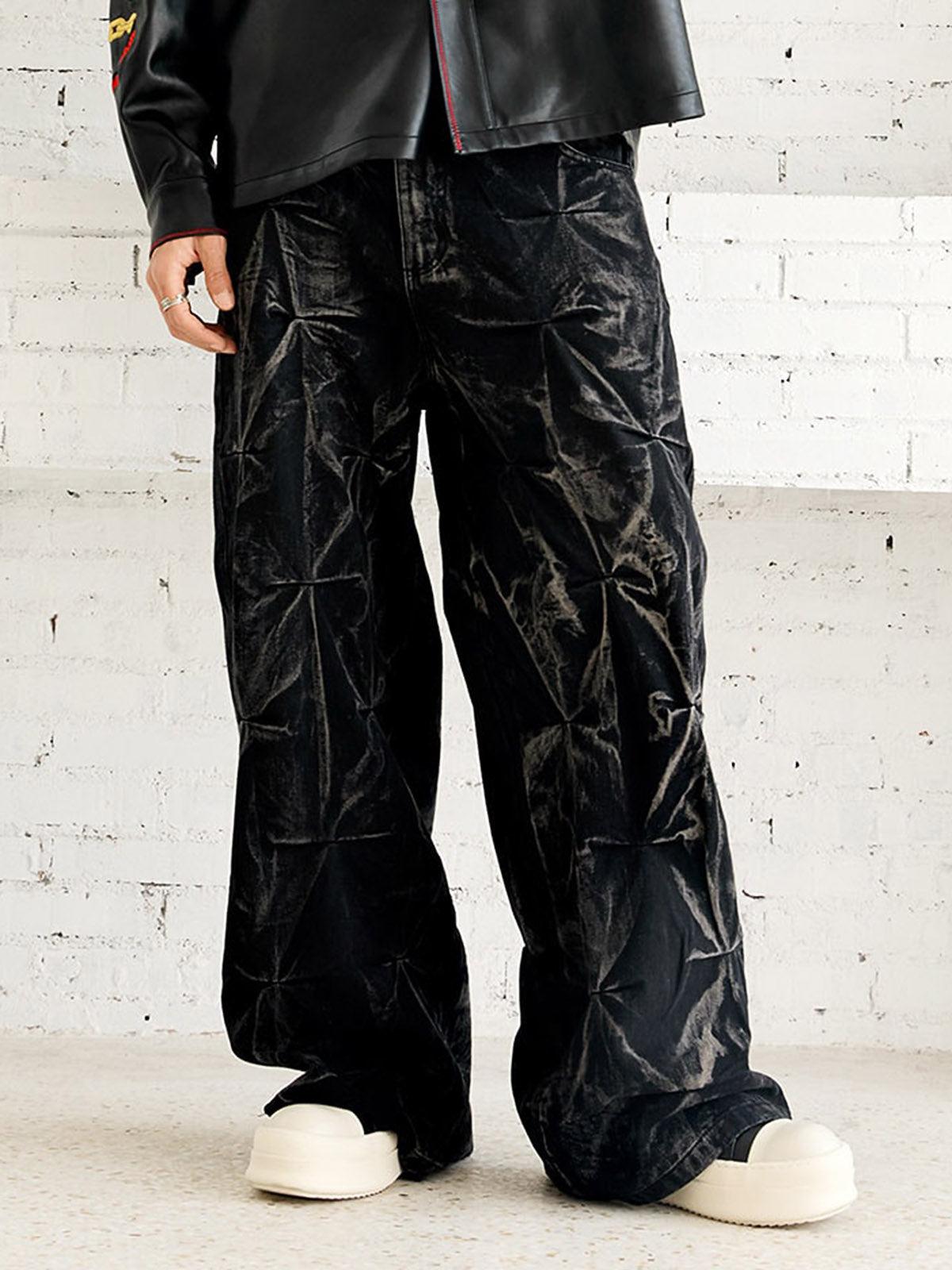 TALISHKO Heavy Washed Distressed Pleated Baggy Jeans